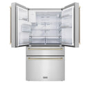 ZLINE Autograph Edition 4-Piece Appliance Package - 48-Inch Stainless Steel Gas Range, Refrigerator with Water Dispenser, Wall Mounted Range Hood, & 24-Inch Tall Tub Dishwasher in White Matte and Gold Accents (4AKPR-SGRWMRHDWM48-G)