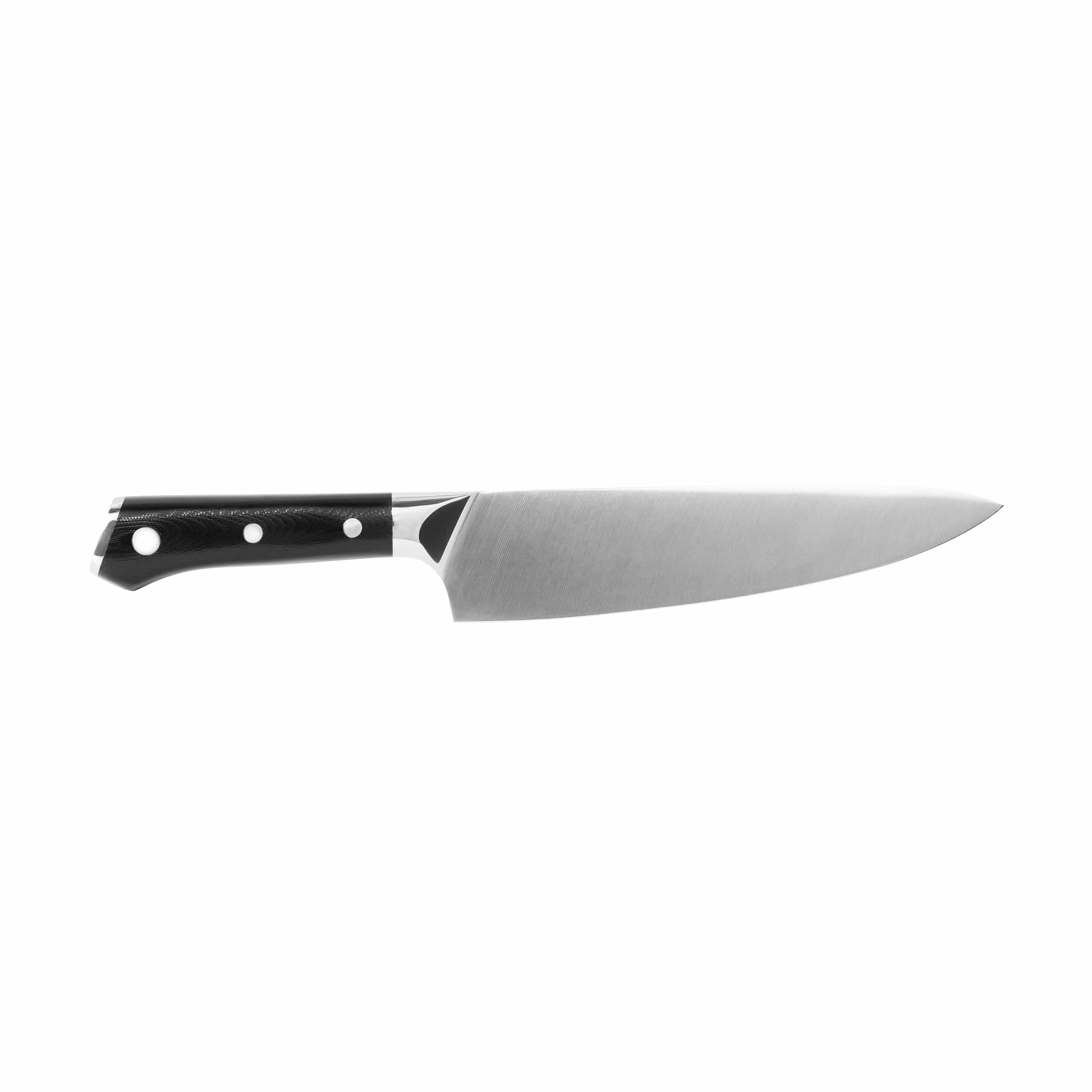 8-inch chef’s knife angled view with stainless steel blade and black dotted handle