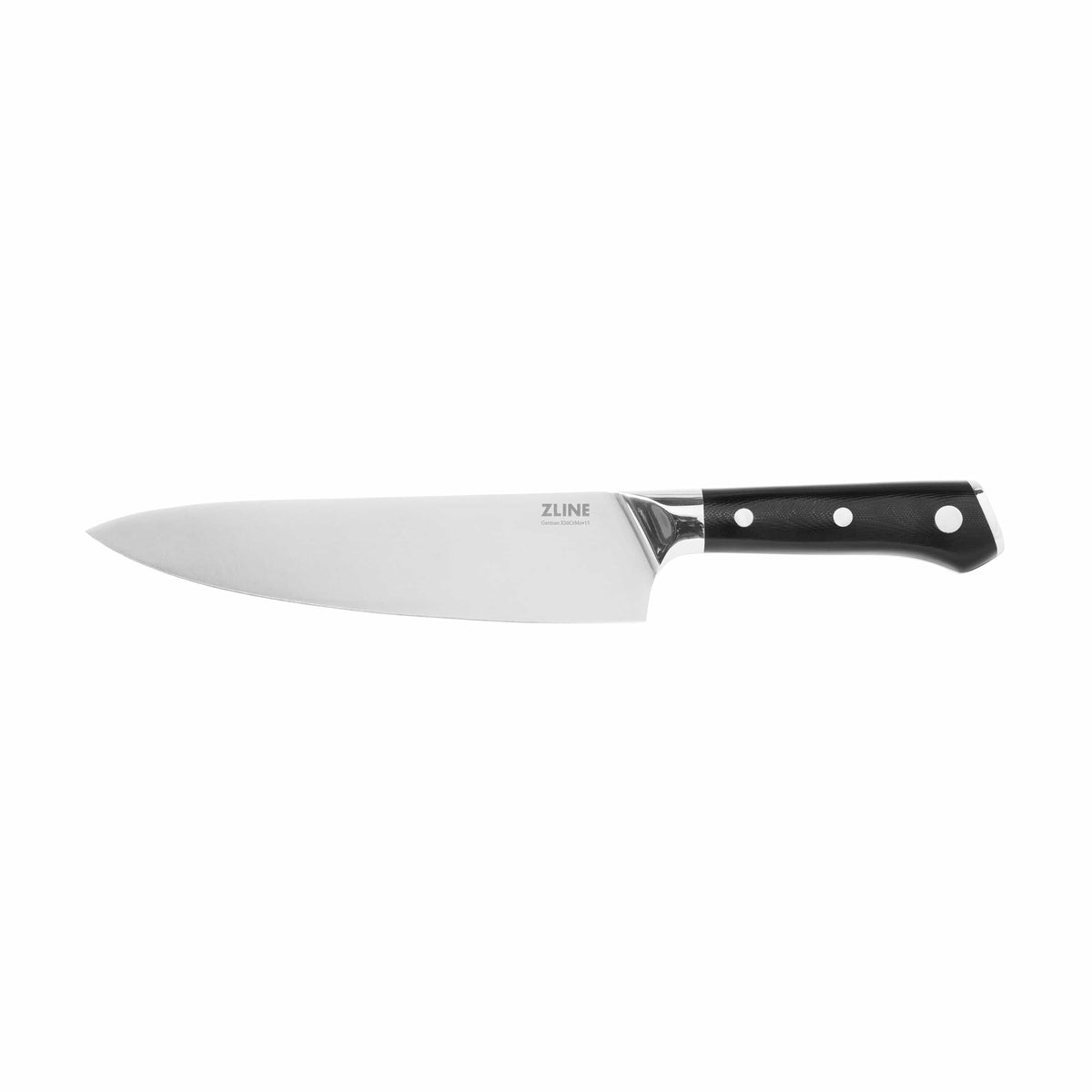 8-inch chef’s knife with stainless steel blade and black handle with white dot accents