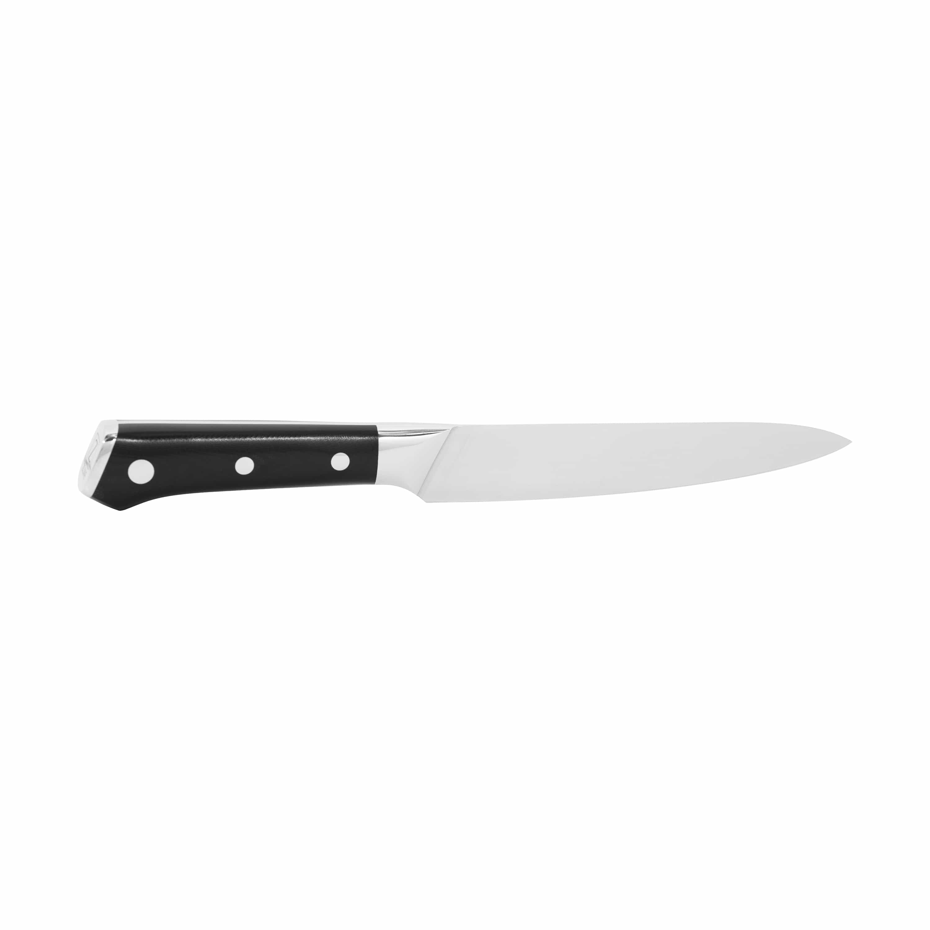 Chef knife with black handle, three silver rivets, and smooth stainless steel cutting blade