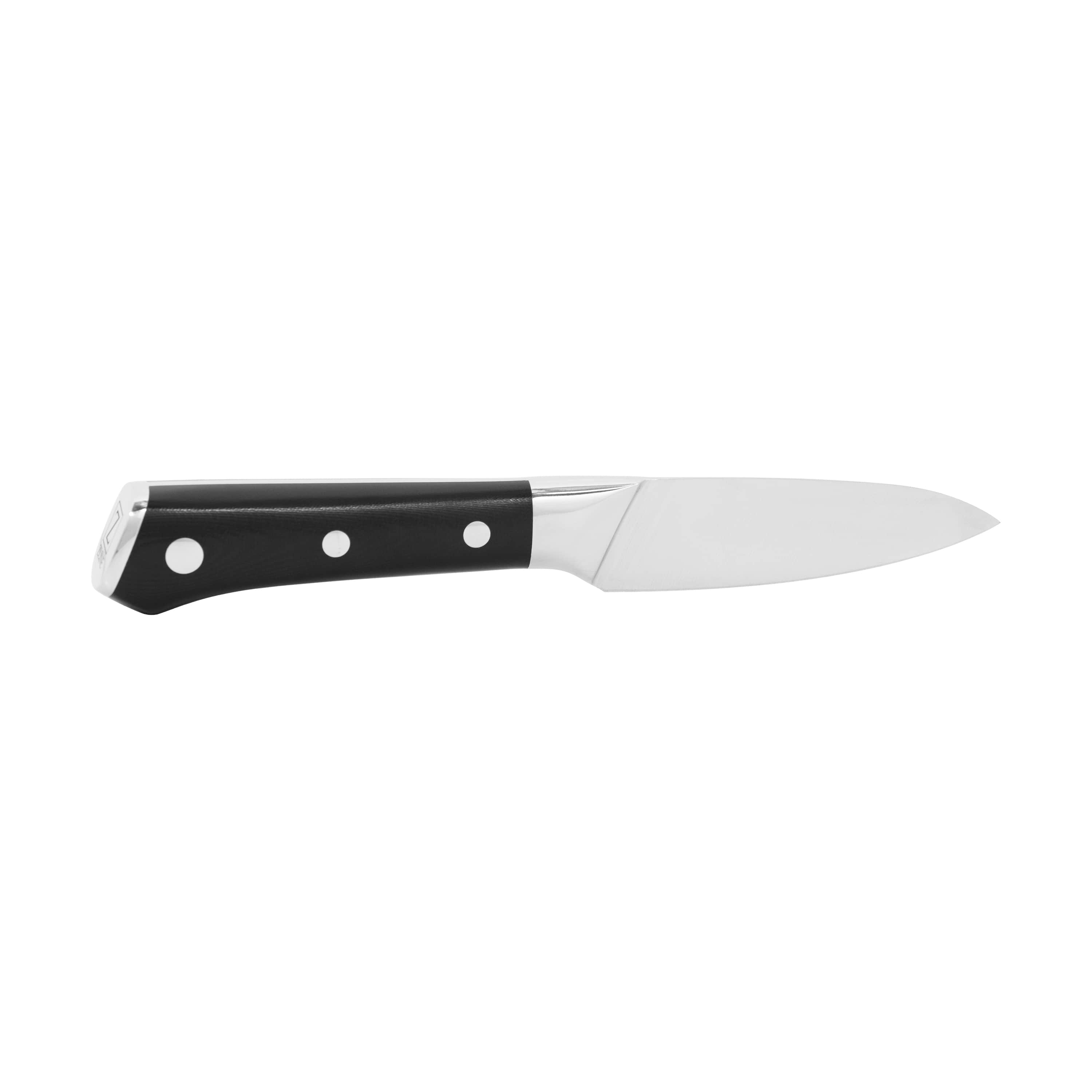 Chef’s knife with silver blade and black handle, three white rivet dots, angled