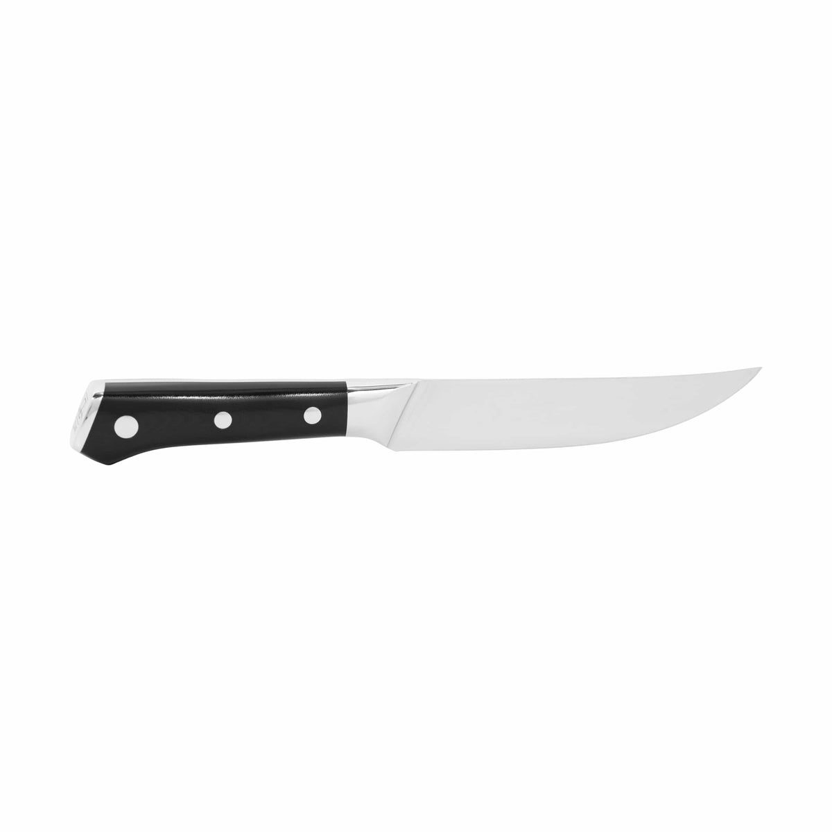 Chef knife with black handle, three silver rivets, and polished stainless steel blade