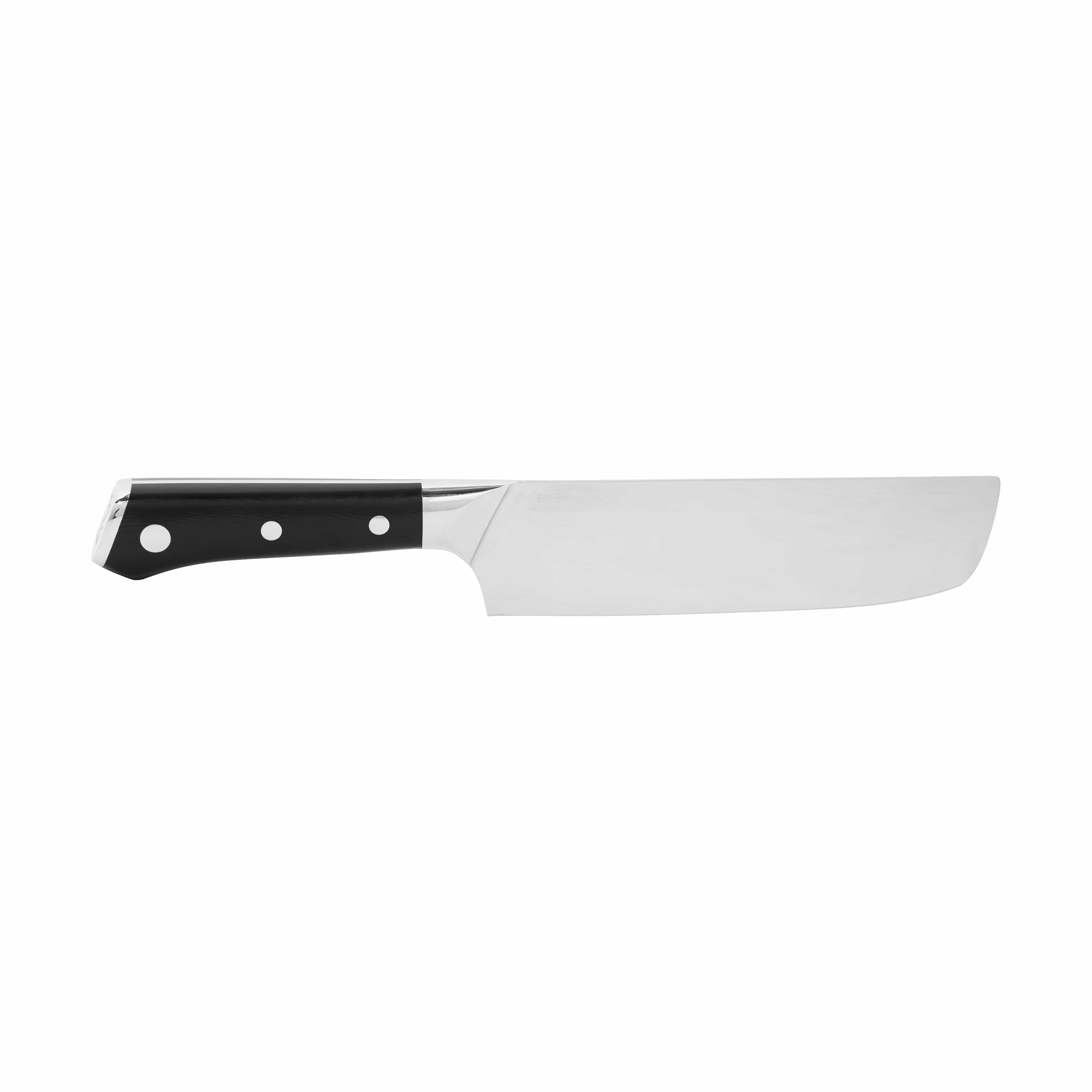 Stainless chef knife with black handle, white rivets, and smooth curved blade