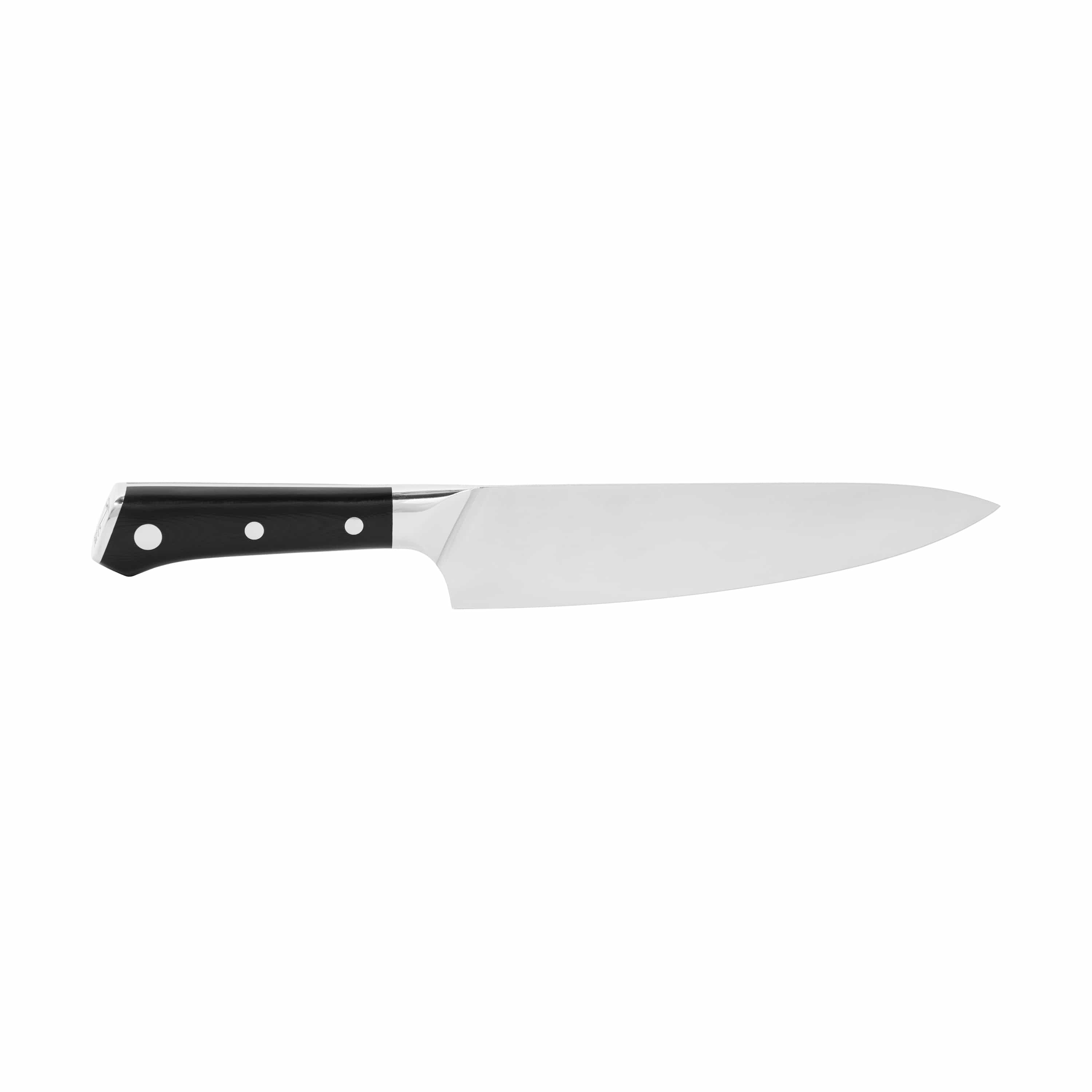 Stainless chef knife with black handle, white rivets, and wide blade