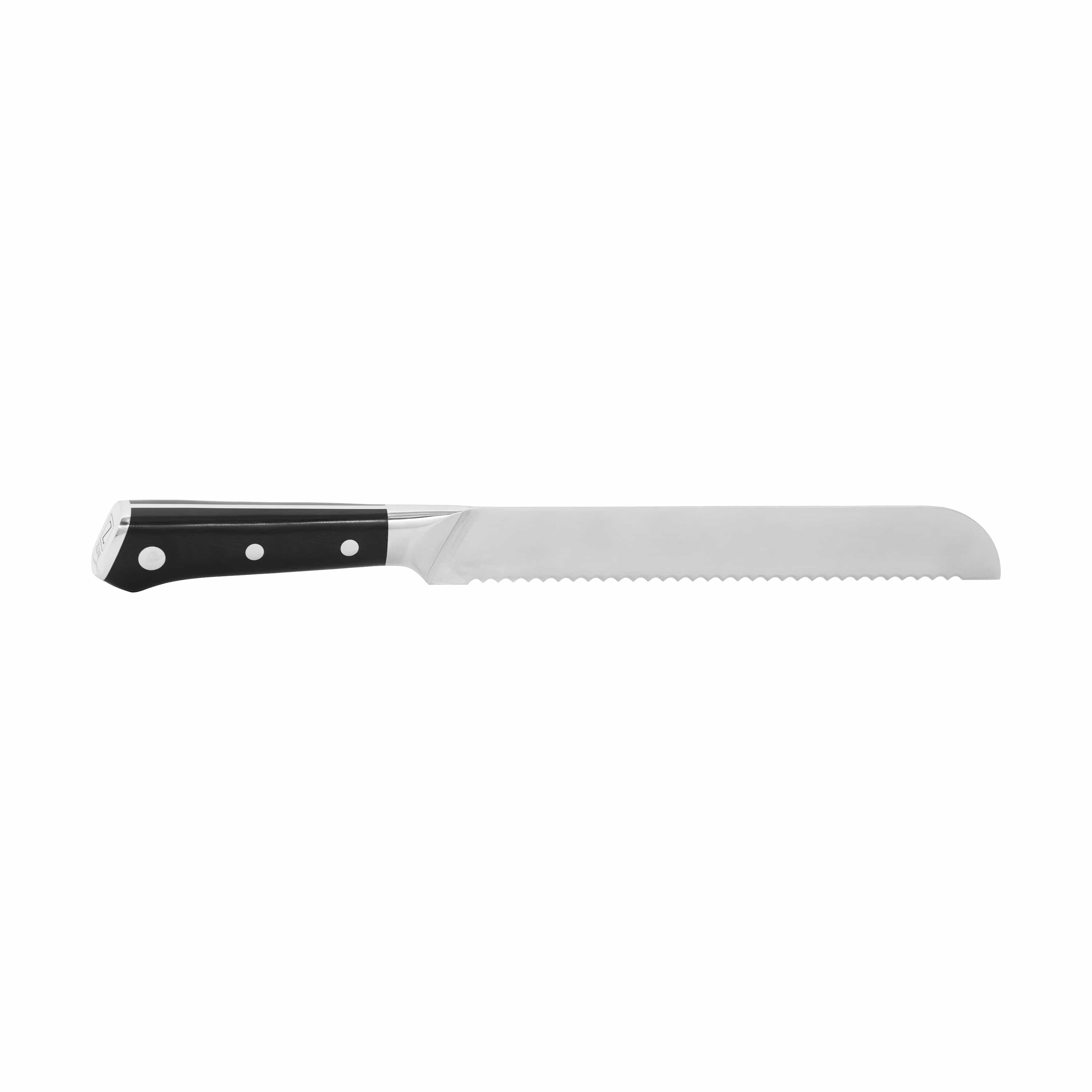 Stainless knife with black handle and white rivets, straight blade profile