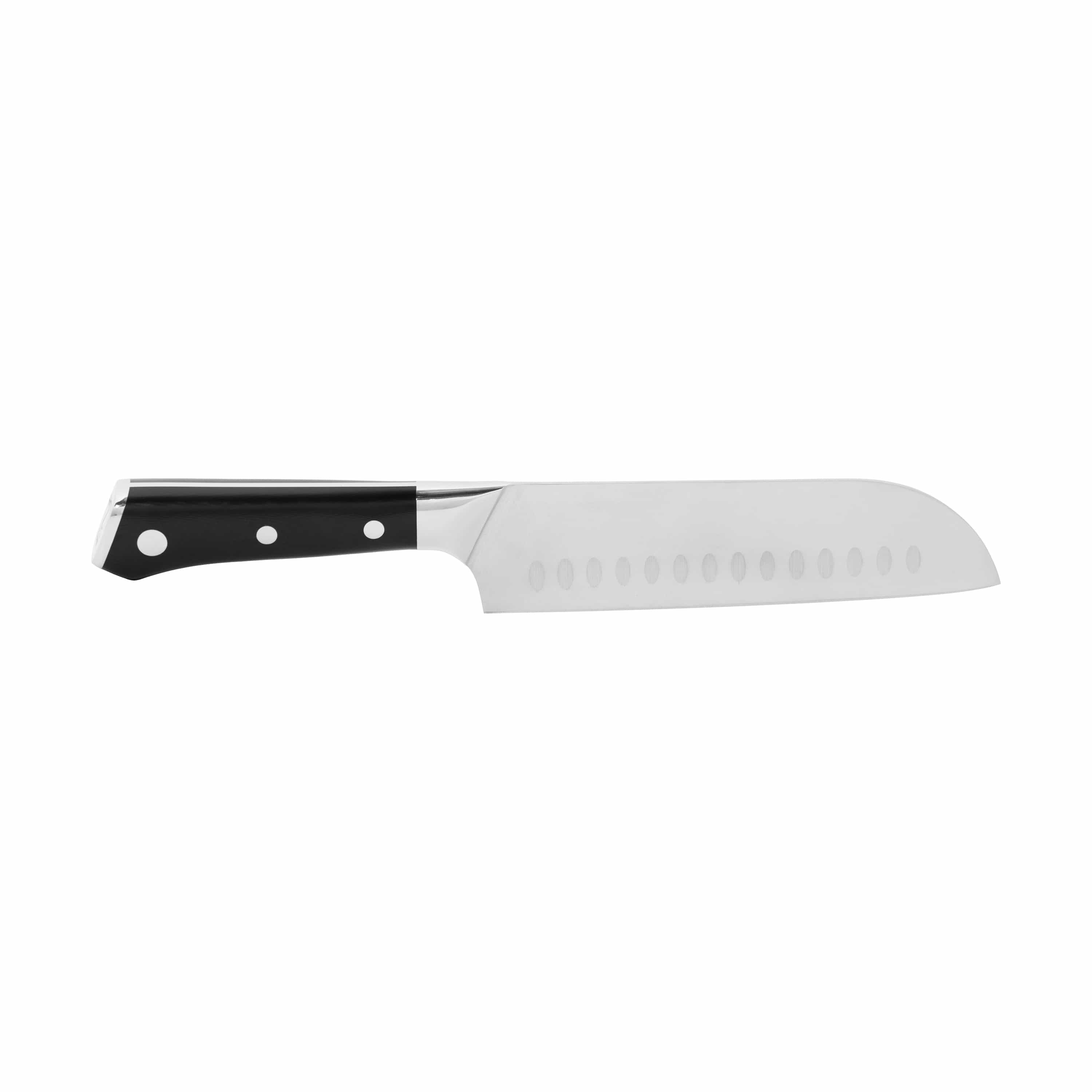 Stainless knife with black handle, white rivets, and scalloped spine