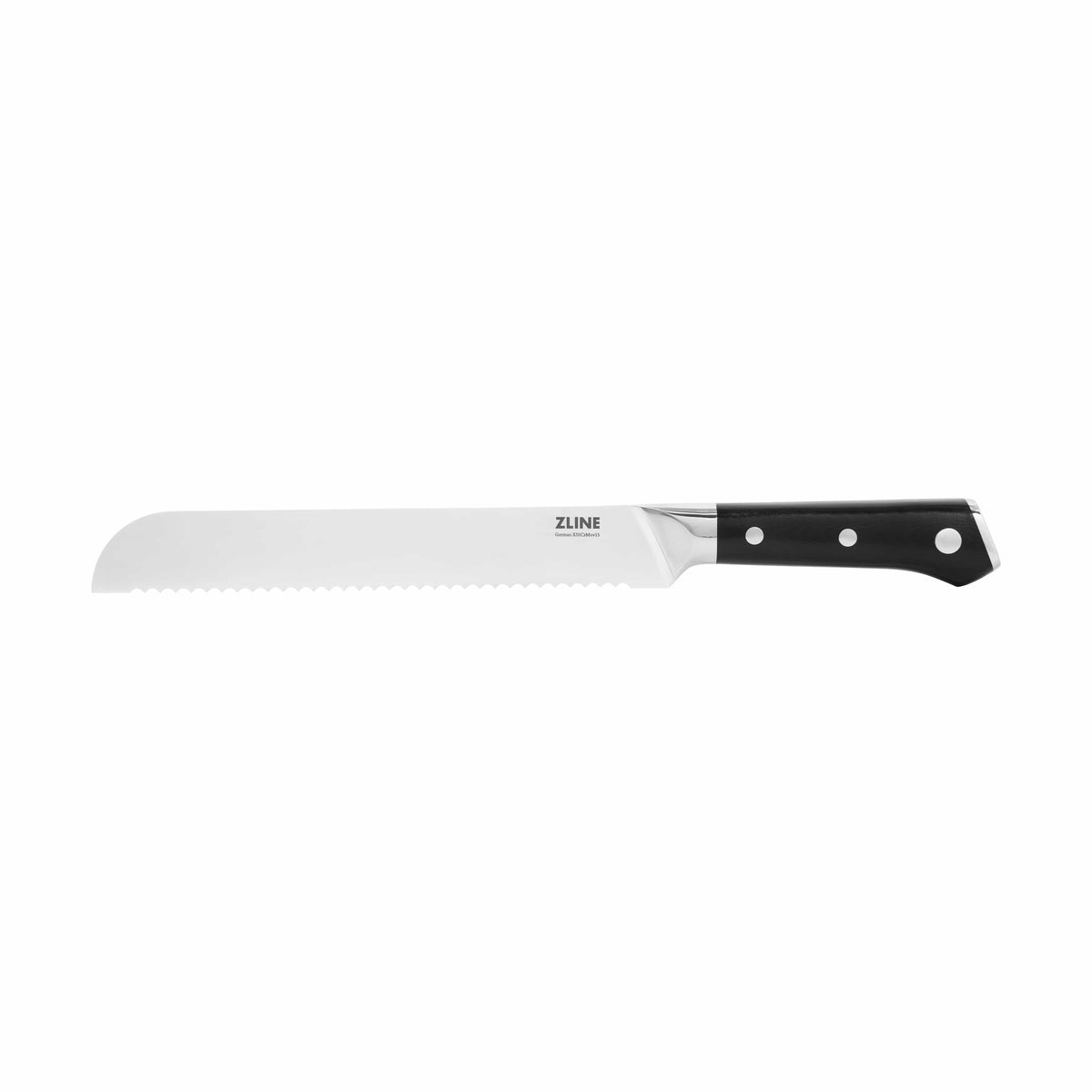 ZLINE serrated kitchen knife with white steel blade and black handle, three rivets