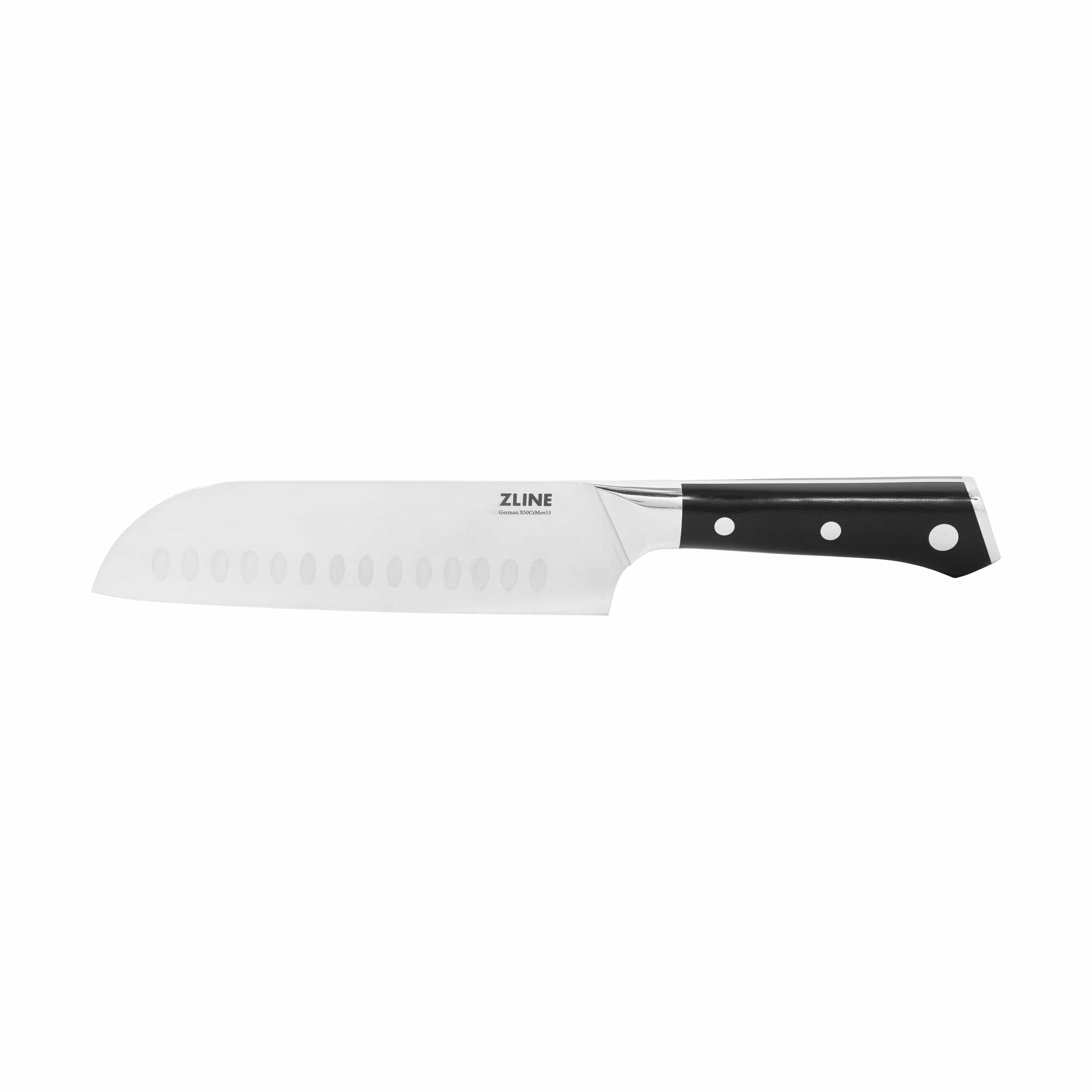 ZLINE kitchen knife with white steel blade, black handle with three light rivets