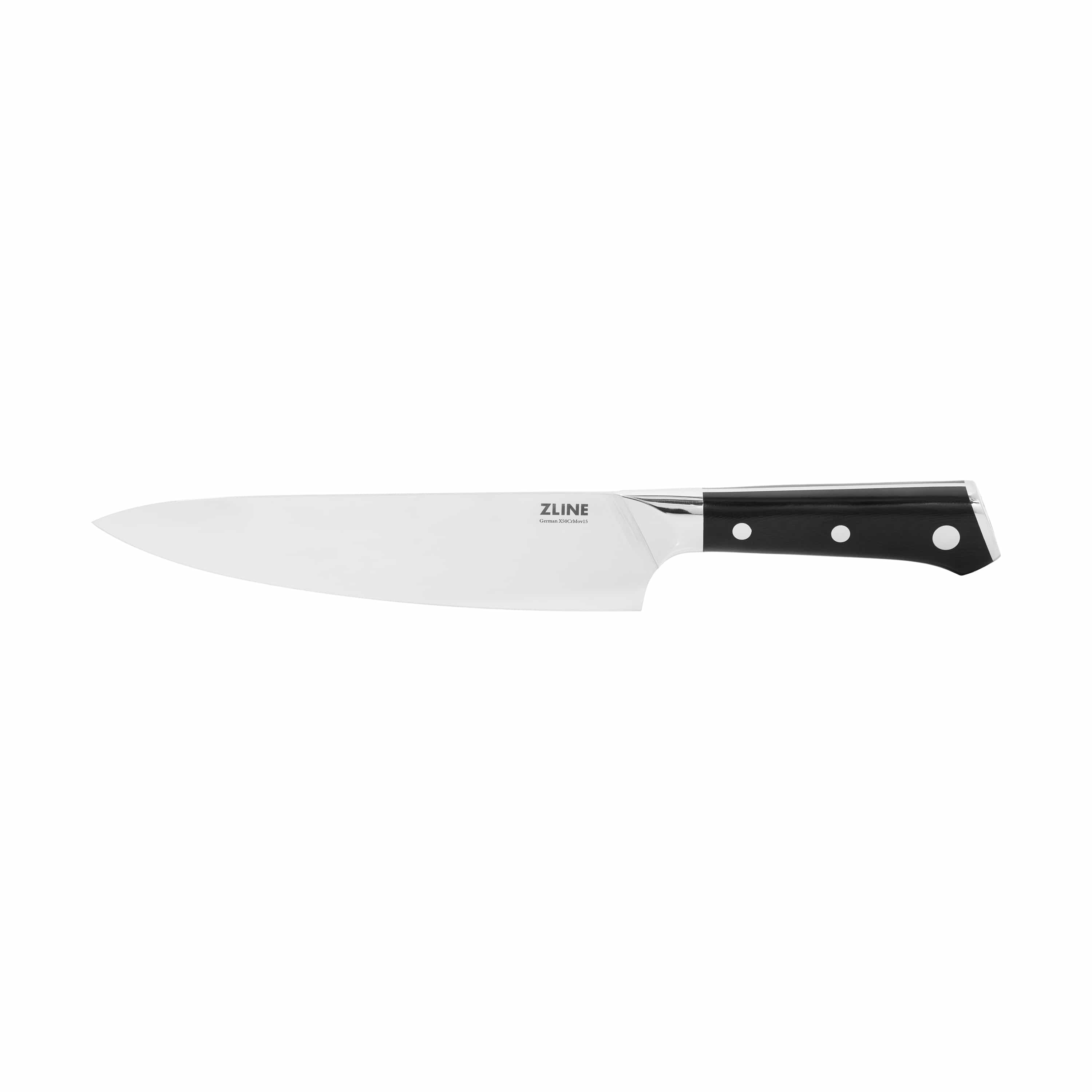 ZLINE chef kitchen knife with white steel blade and black handle, three rivets