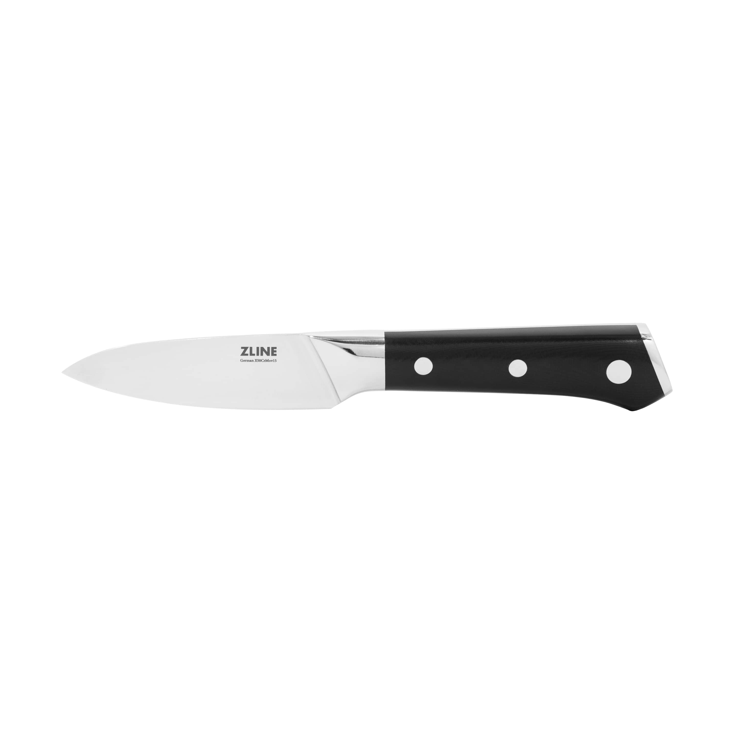 ZLINE chef kitchen knife with white steel blade and black handle, three rivets