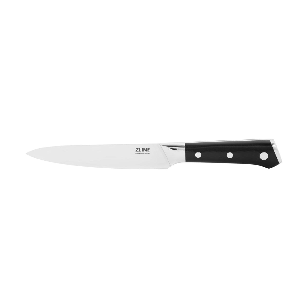 ZLINE chef kitchen knife with white steel blade and black handle, three rivets
