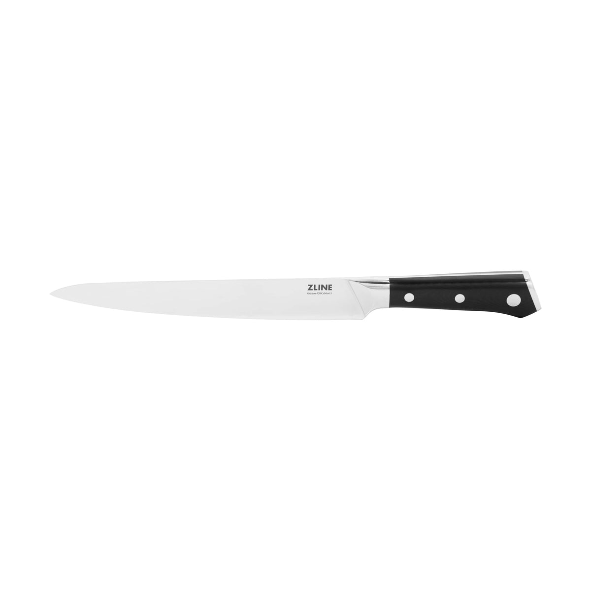 Chef’s kitchen knife with white blade and black handle, three rivets