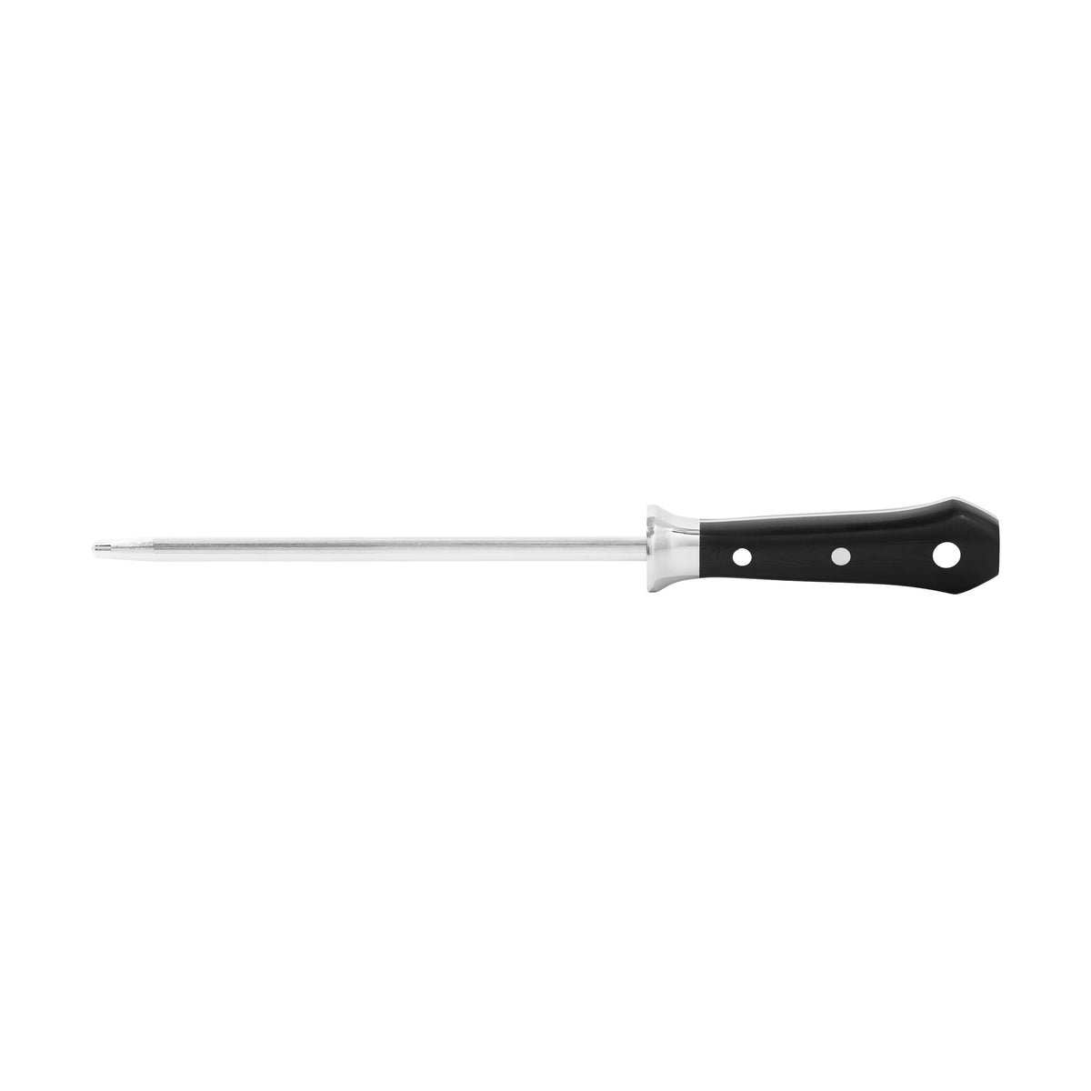 Kitchen utility knife with long white blade and black handle, three rivets