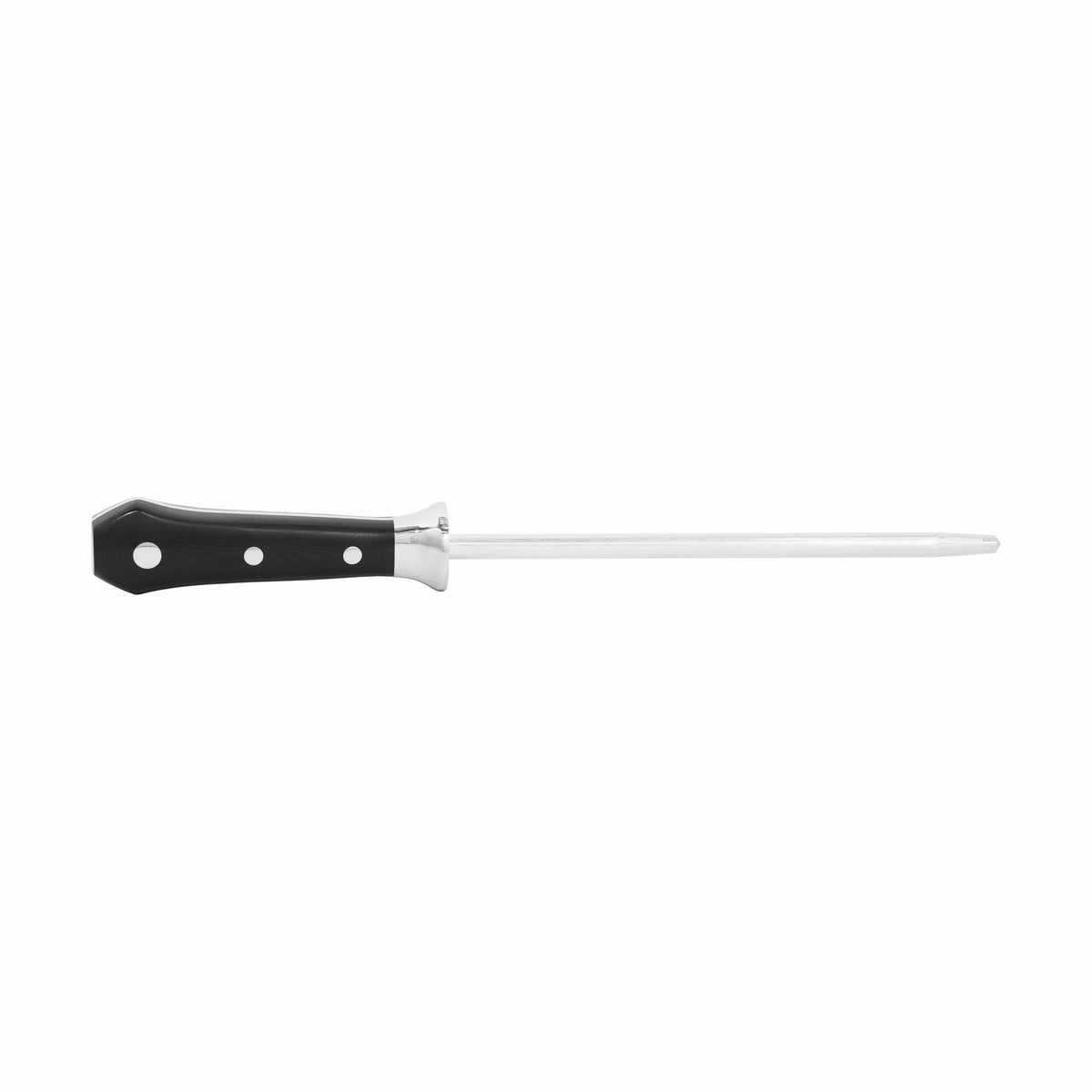 Chef knife showing black handle with three rivets and clear profile of the stainless blade