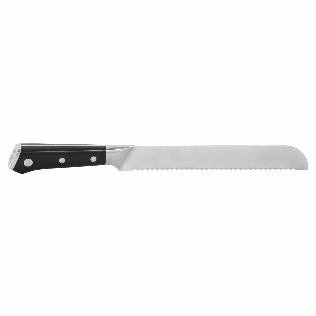 German steel serrated knife with black handle and white dots, silver blade