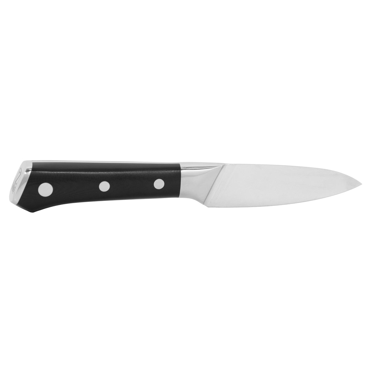 German steel carving knife with black handle, white dots, and silver blade