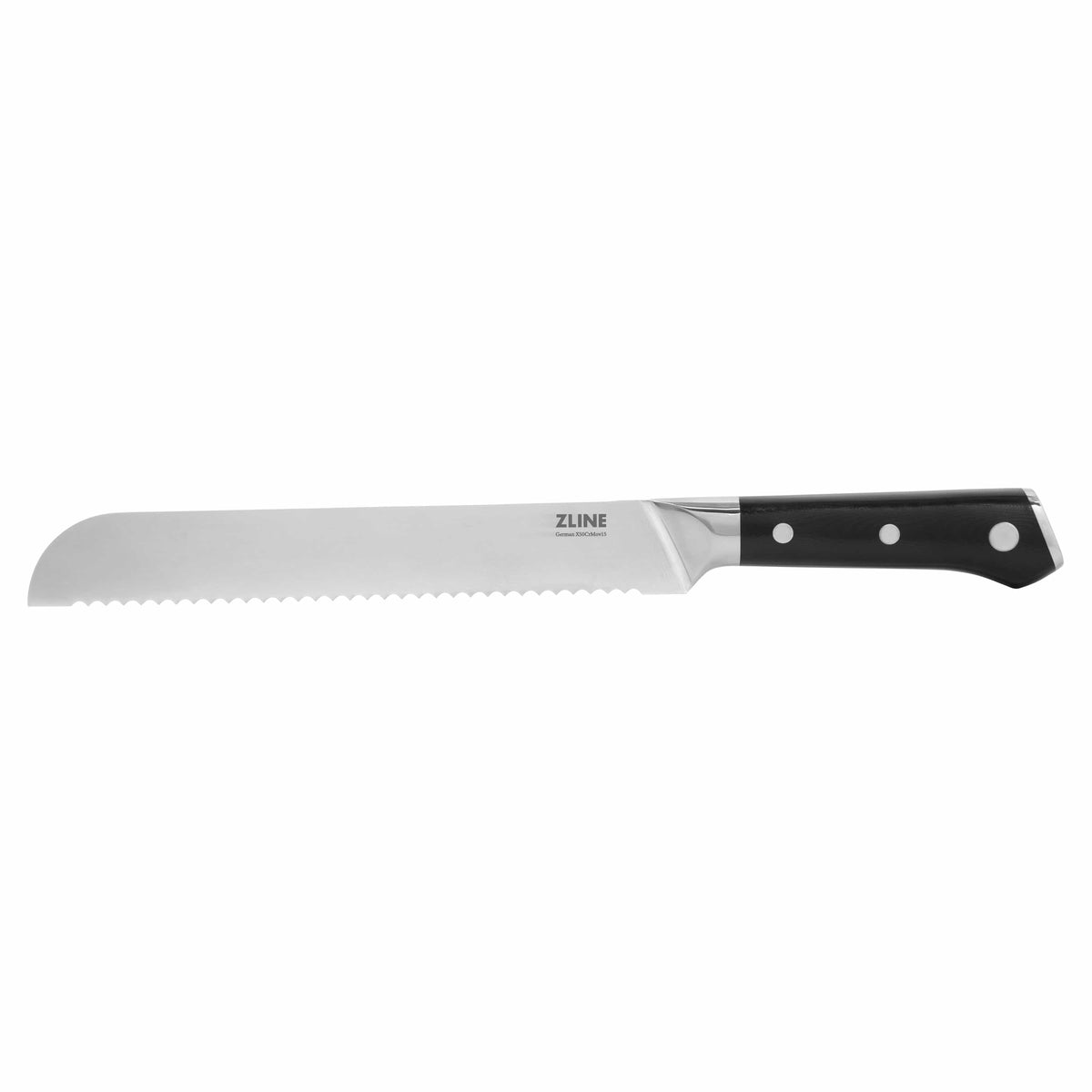 Black-handled German steel chef knife with white dots and silver blade