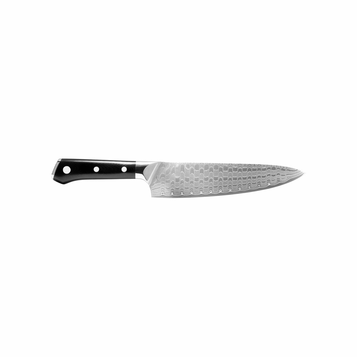 Damascus steel chef’s knife side view, black handle with two rivets and light patterned blade