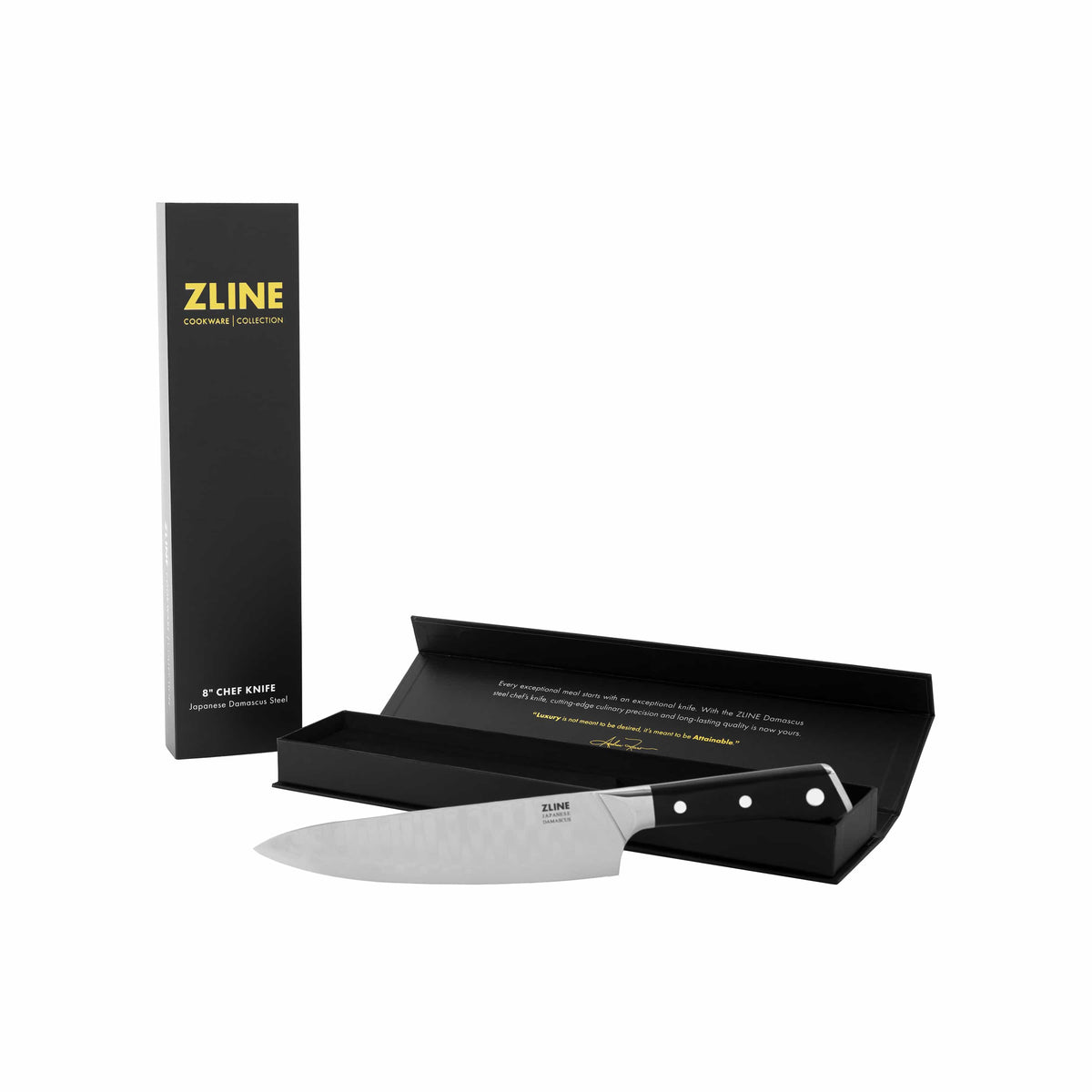 Damascus steel chef’s knife in black gift box with matching knife and handle