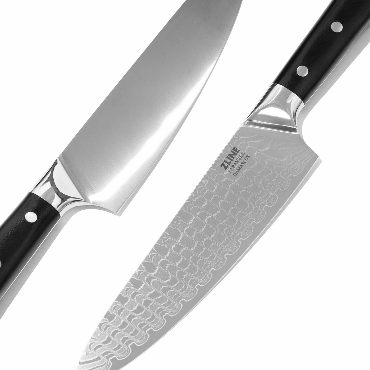 Damascus steel chef’s knife with black handle and riveted grip, silver blade with swirled pattern