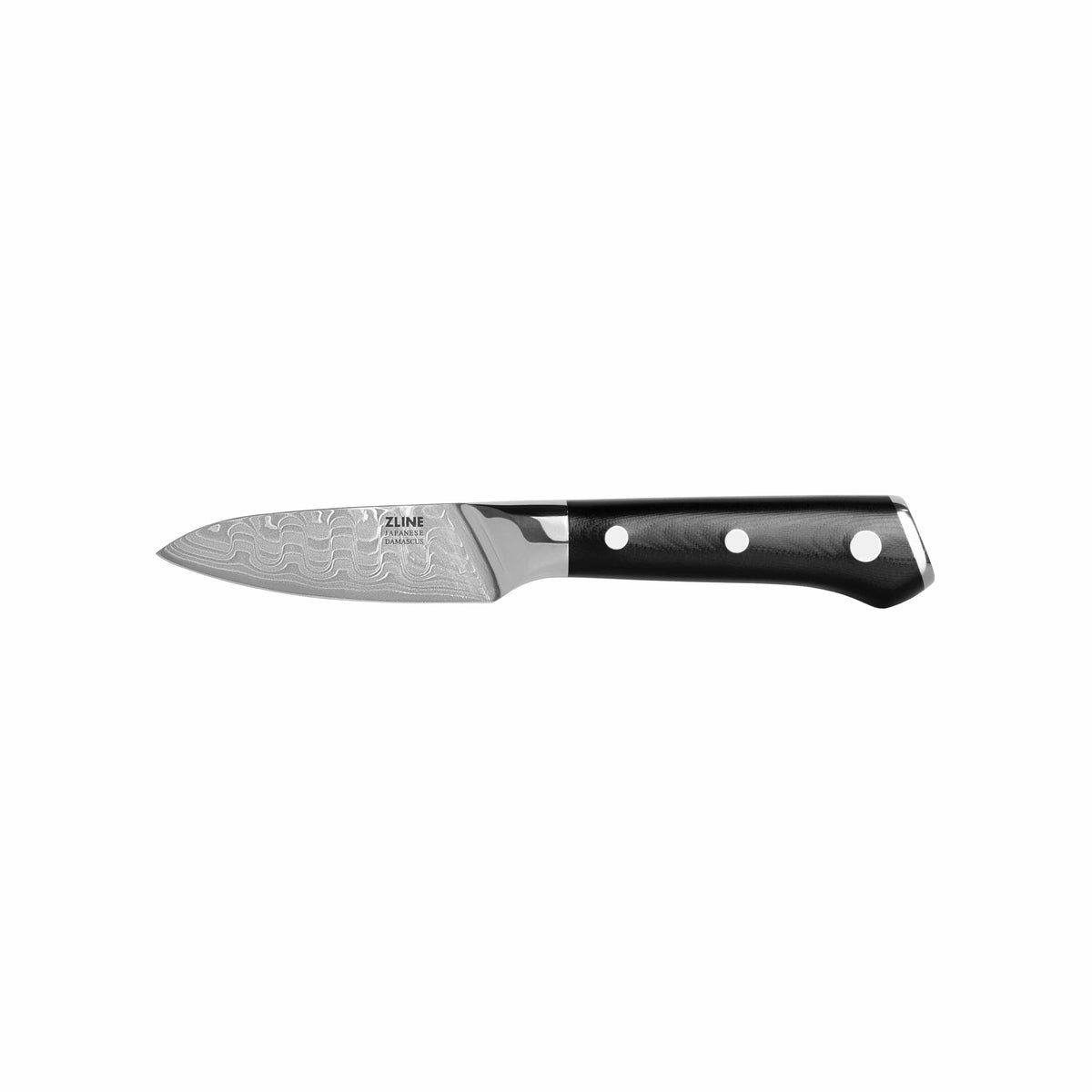 Damascus steel kitchen knife with black handle and white dot rivets, side view