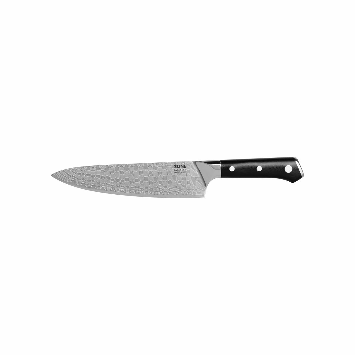 Damascus steel chef knife with black handle and white dot rivets