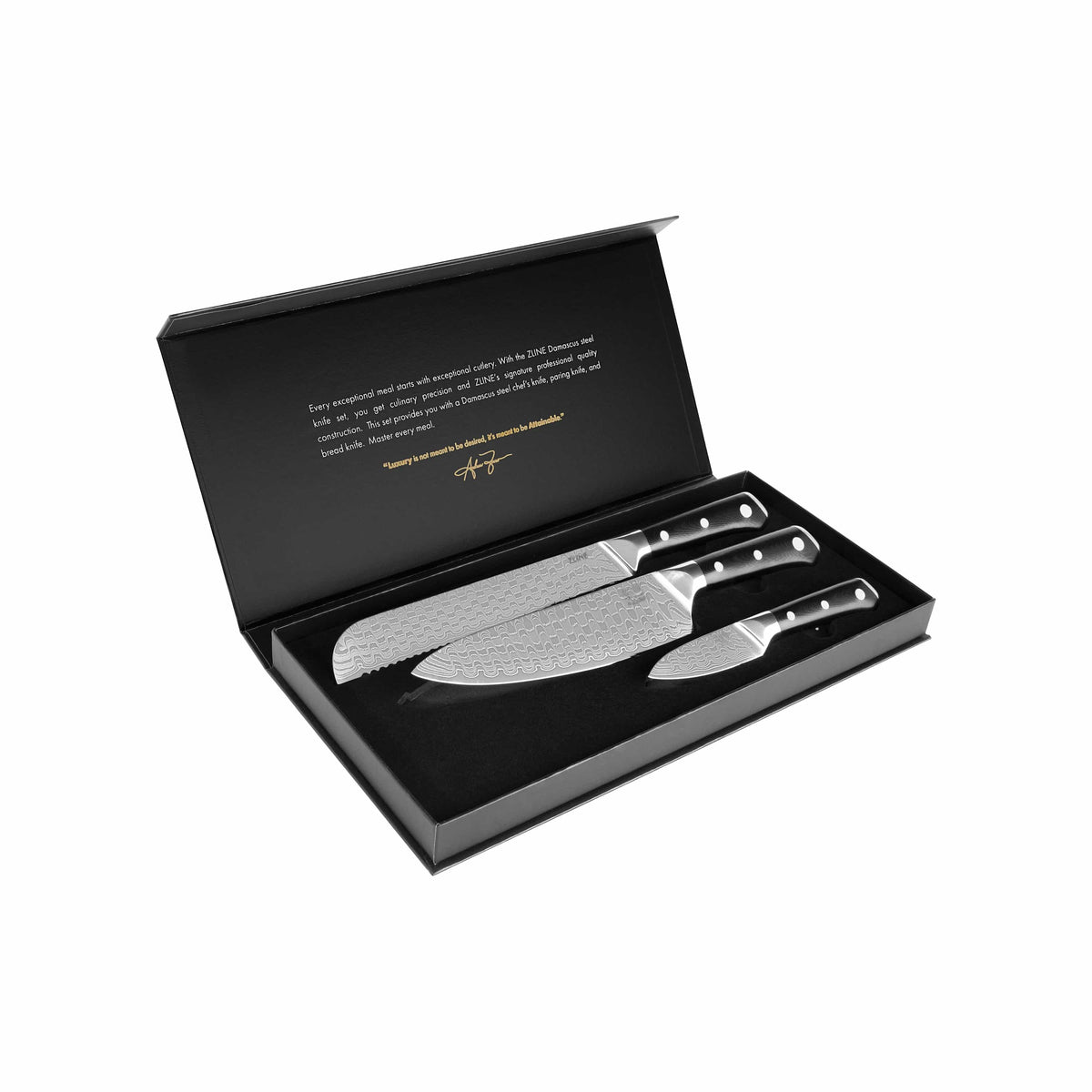 3-piece Damascus steel kitchen knife set in black gift box with two knives