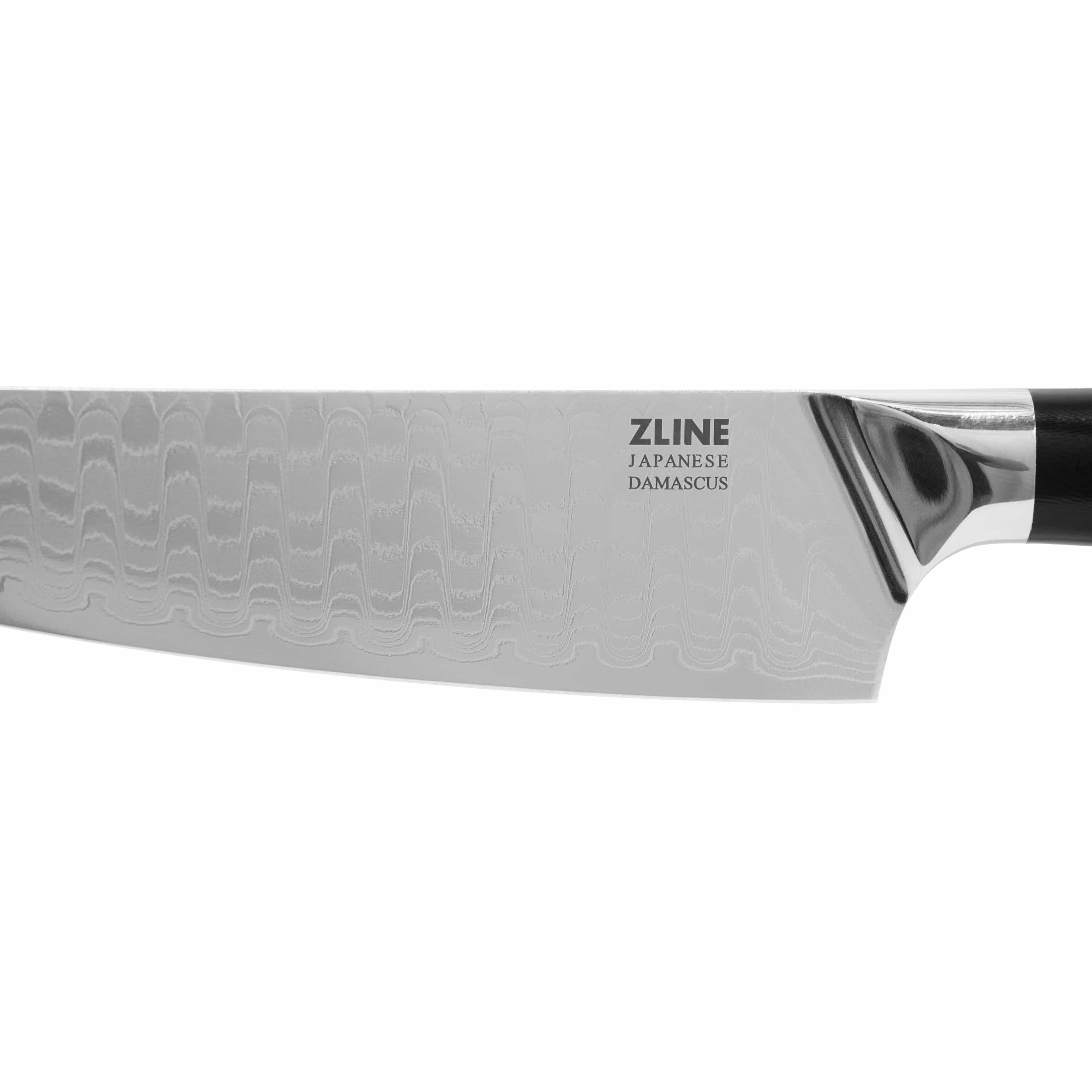 Damascus chef knife with wavy blade pattern, curved bolster, and ZLINE branding