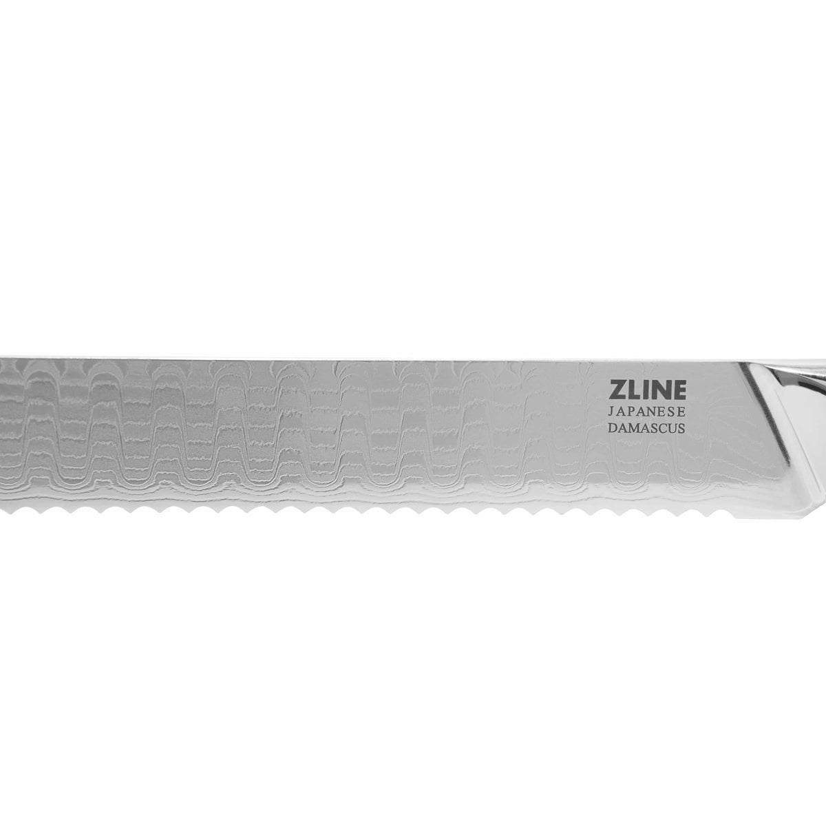 Damascus steel kitchen knife blade with wavy pattern and ZLINE Japanese Damascus logo