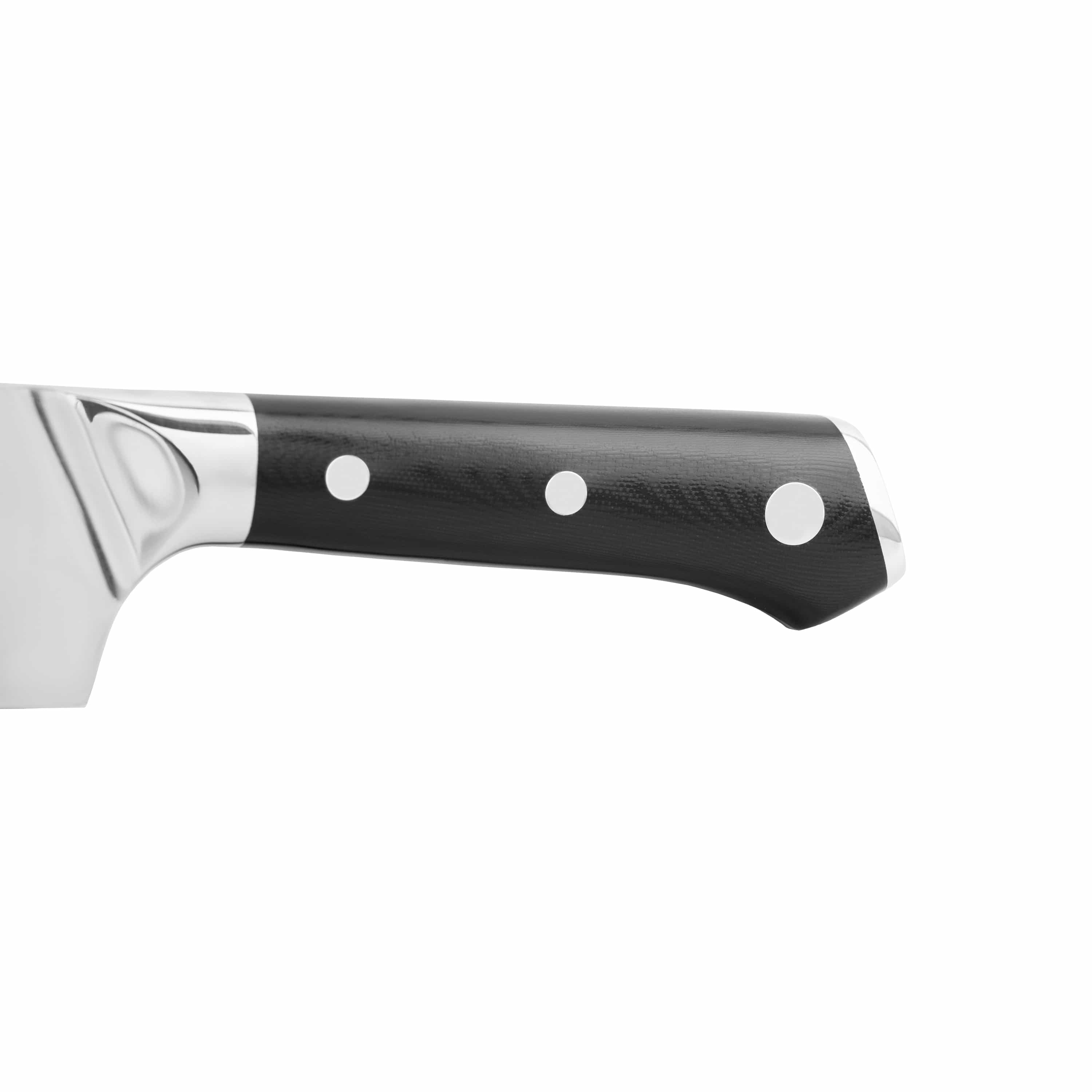 Damascus kitchen knife with black textured handle and three rivets, silver stainless blade