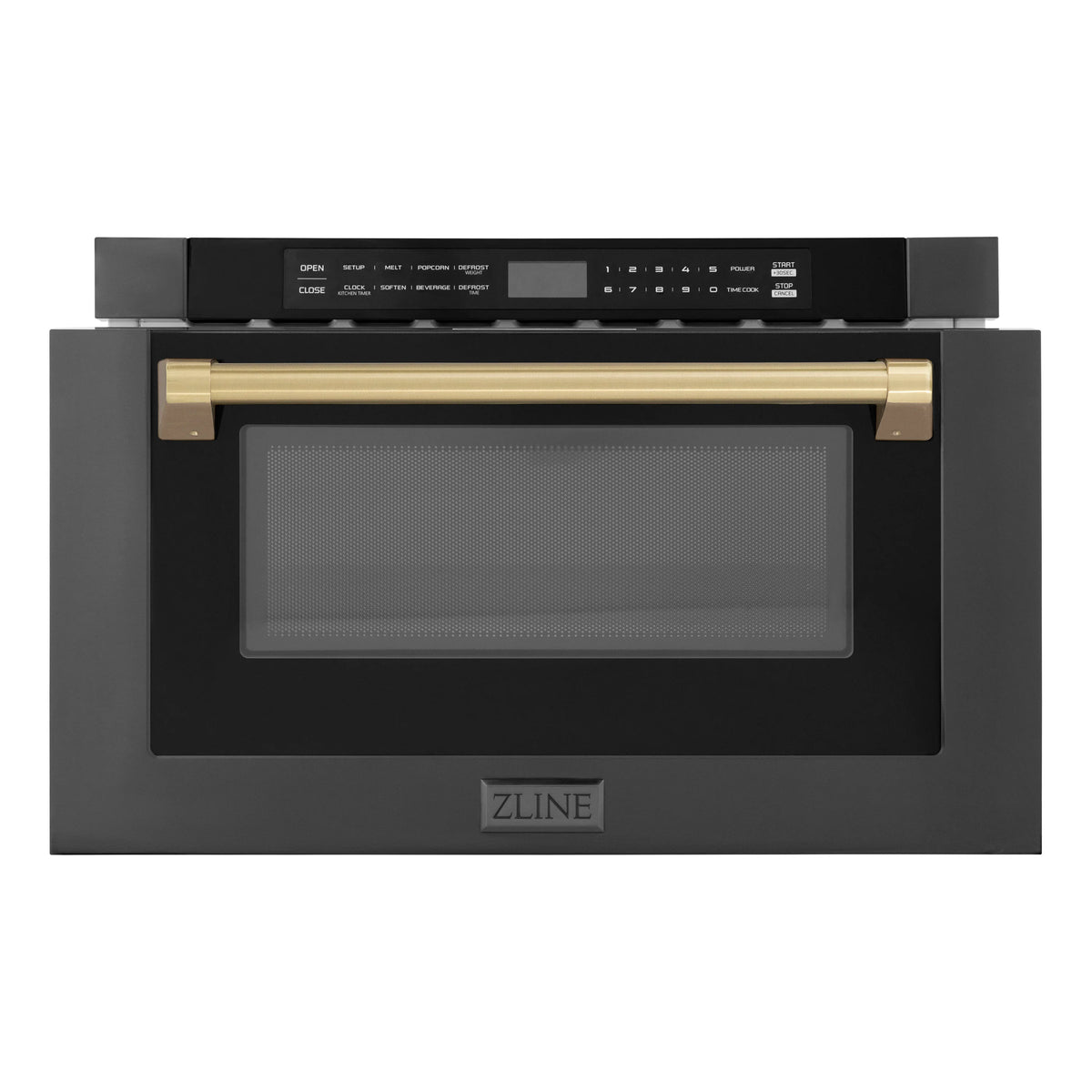 Front view black stainless steel microwave drawer with champagne bronze handle bars