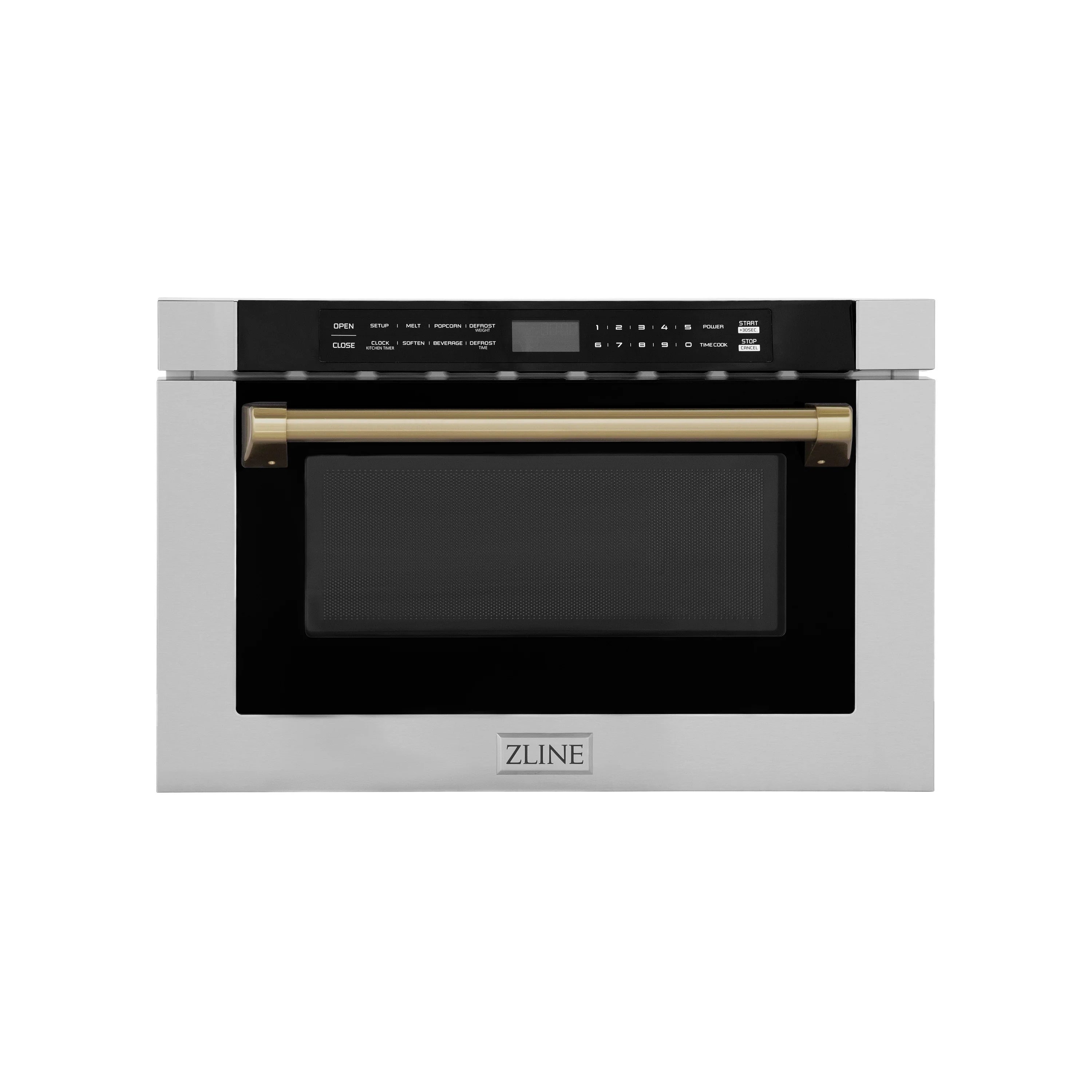 Microwave drawer front with stainless trim, black door window, champagne bronze horizontal handle