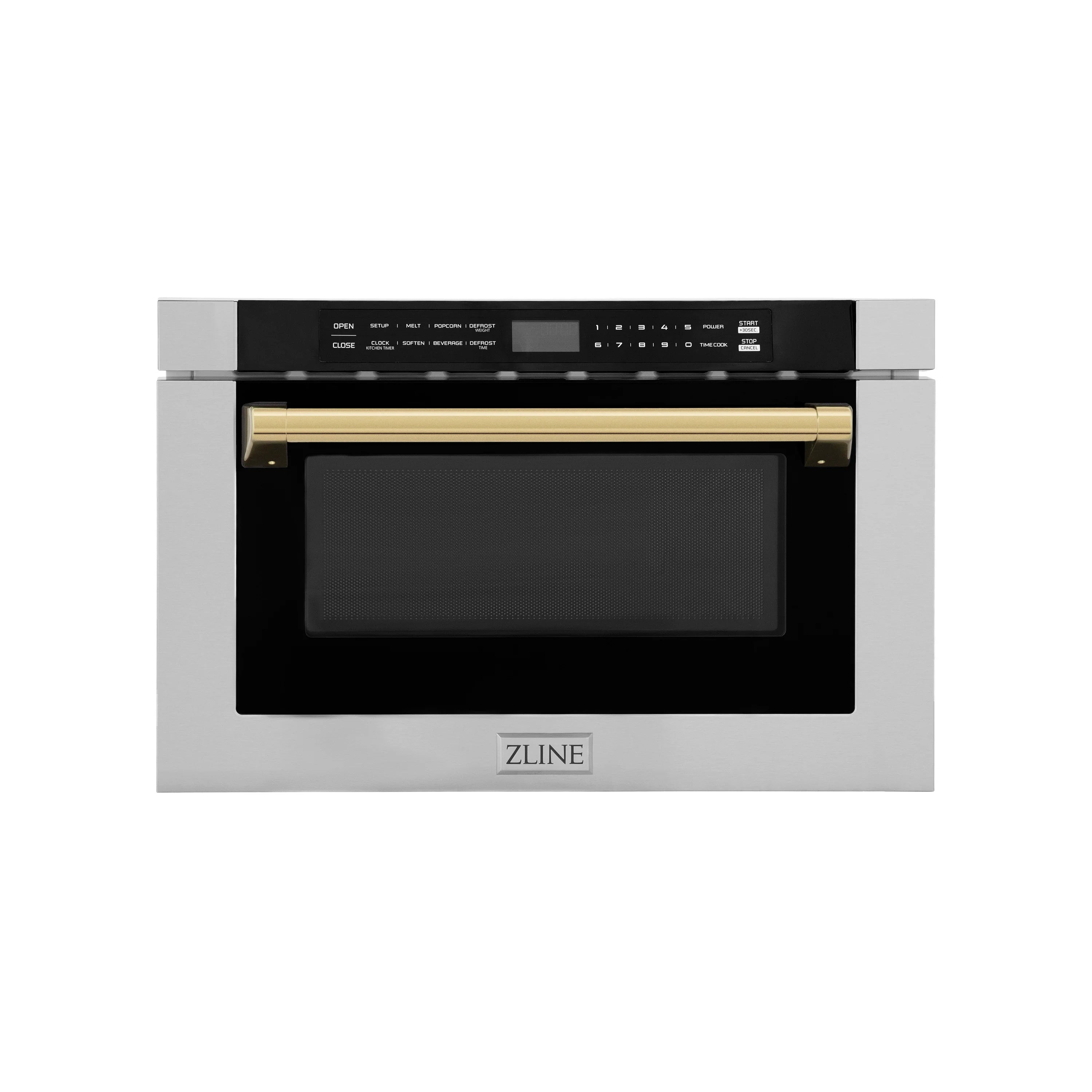 Stainless microwave drawer with black display door and traditional gold handle