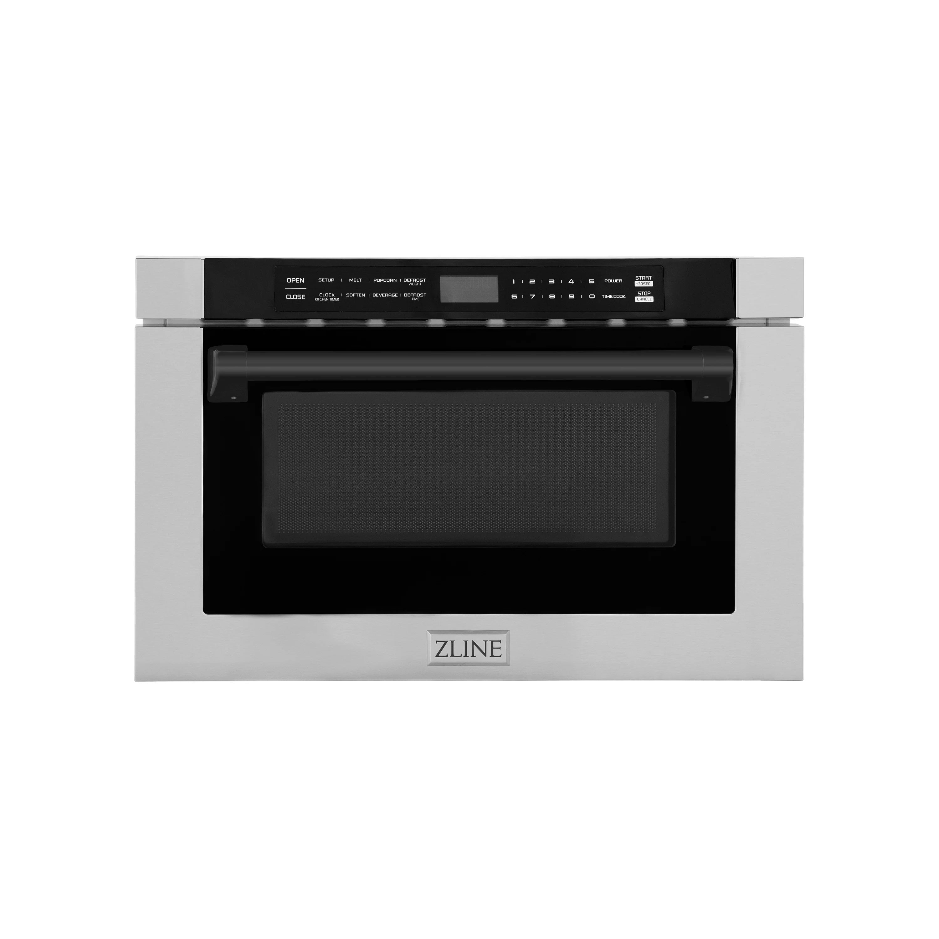 Stainless microwave drawer with black control panel and integrated handle, built-in design