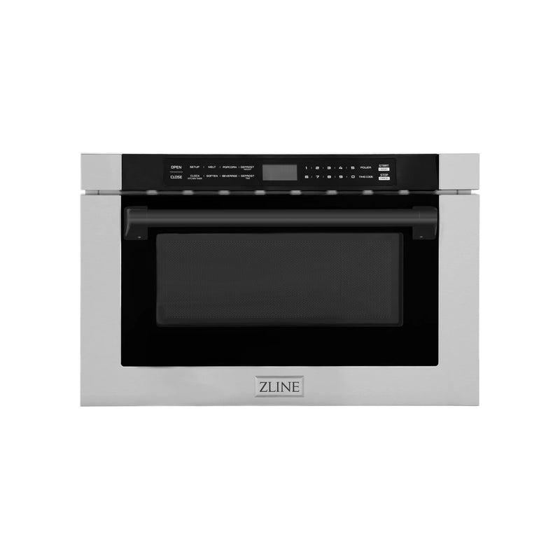 ZLINE Autograph Edition 24-Inch 1.2 cu. ft. Built-in Microwave Drawer with a Traditional Handle in Stainless Steel and Matte Black Accents (MWDZ-1-H-MB)