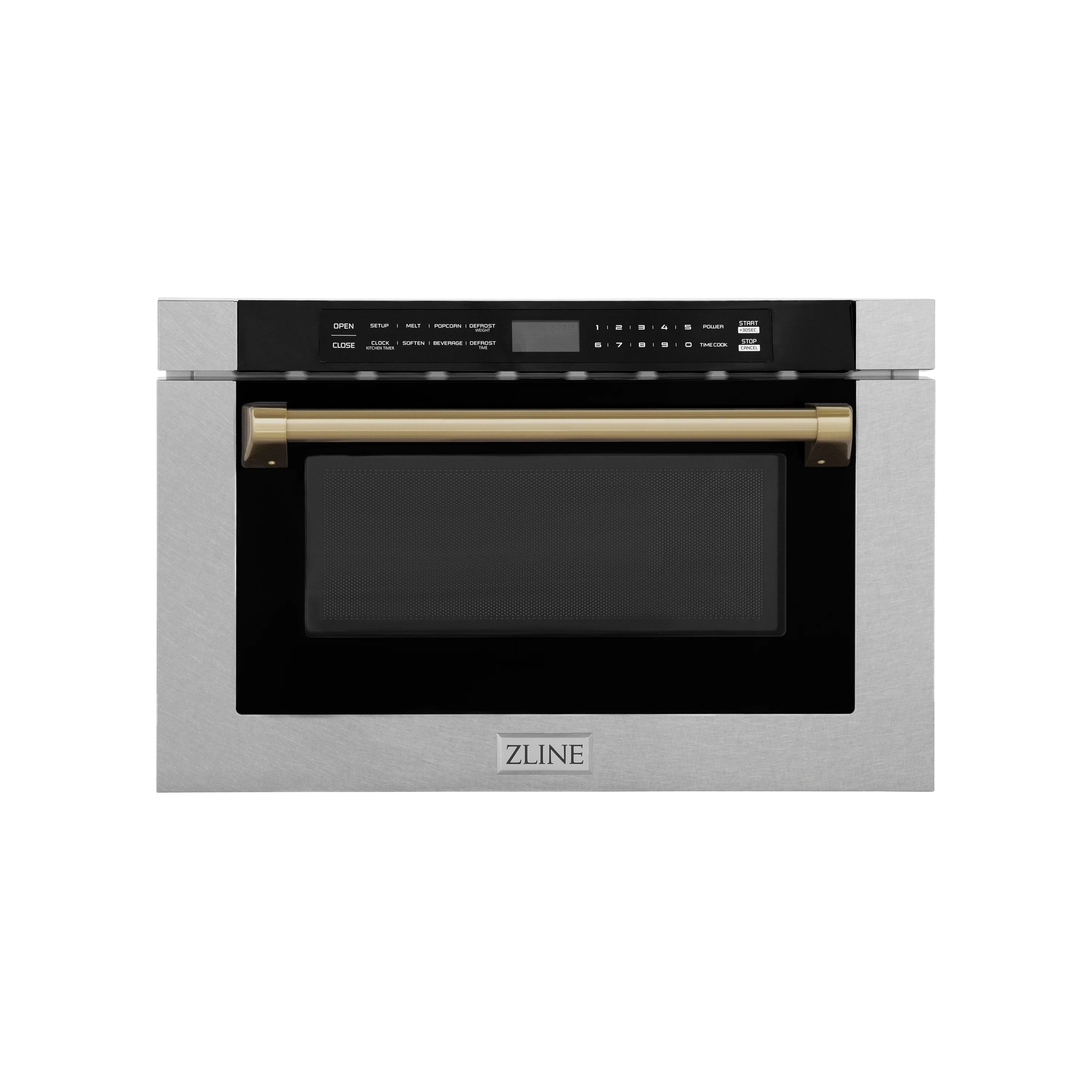 Built-in microwave drawer in fingerprint-resistant stainless steel with champagne bronze handle