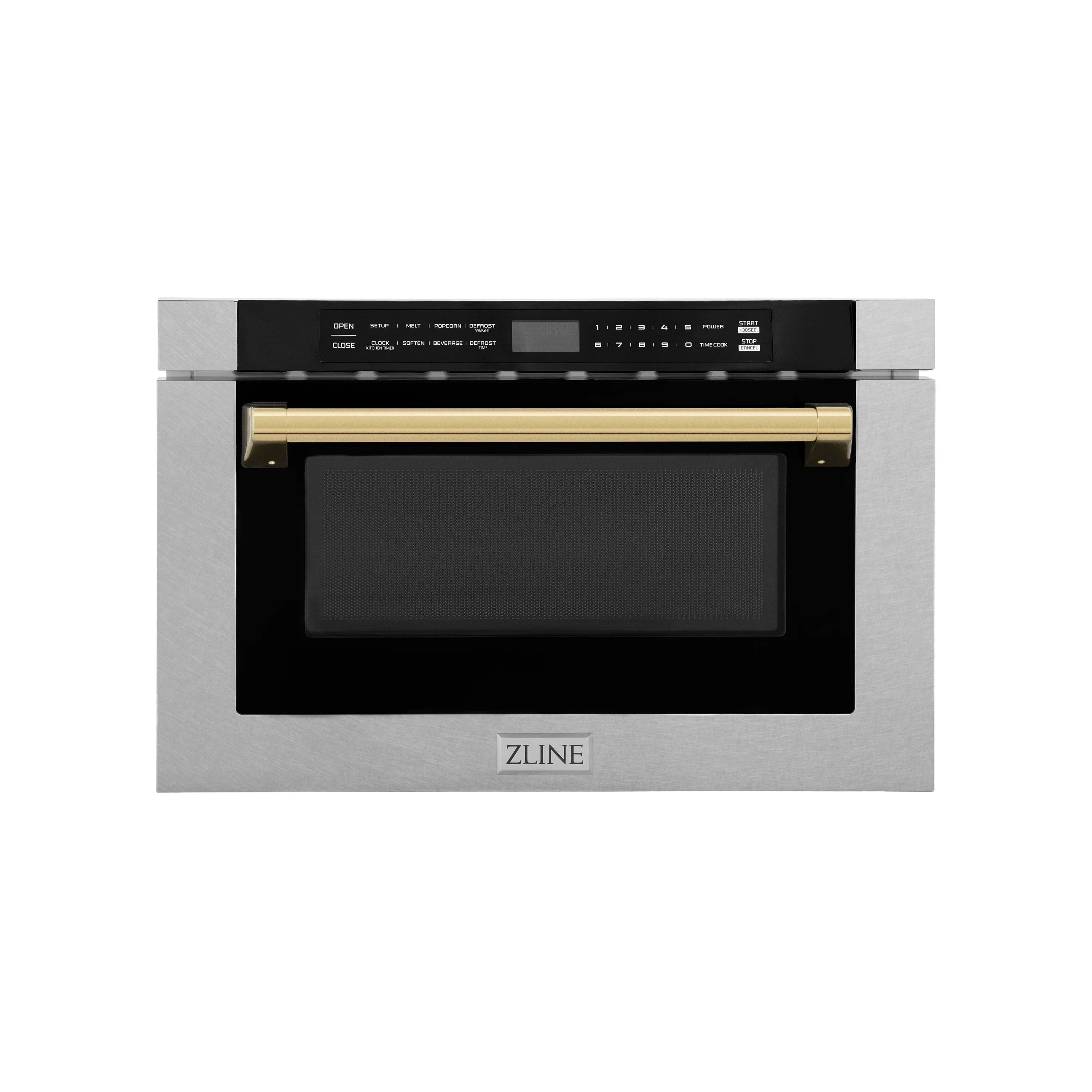 Built-in microwave drawer in finger-resistant stainless steel with gold-accent handle