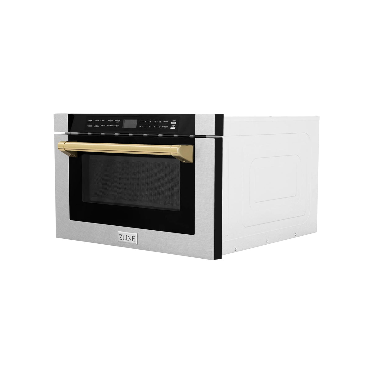 Built-in microwave drawer with stainless frame, black door window, and gold handle