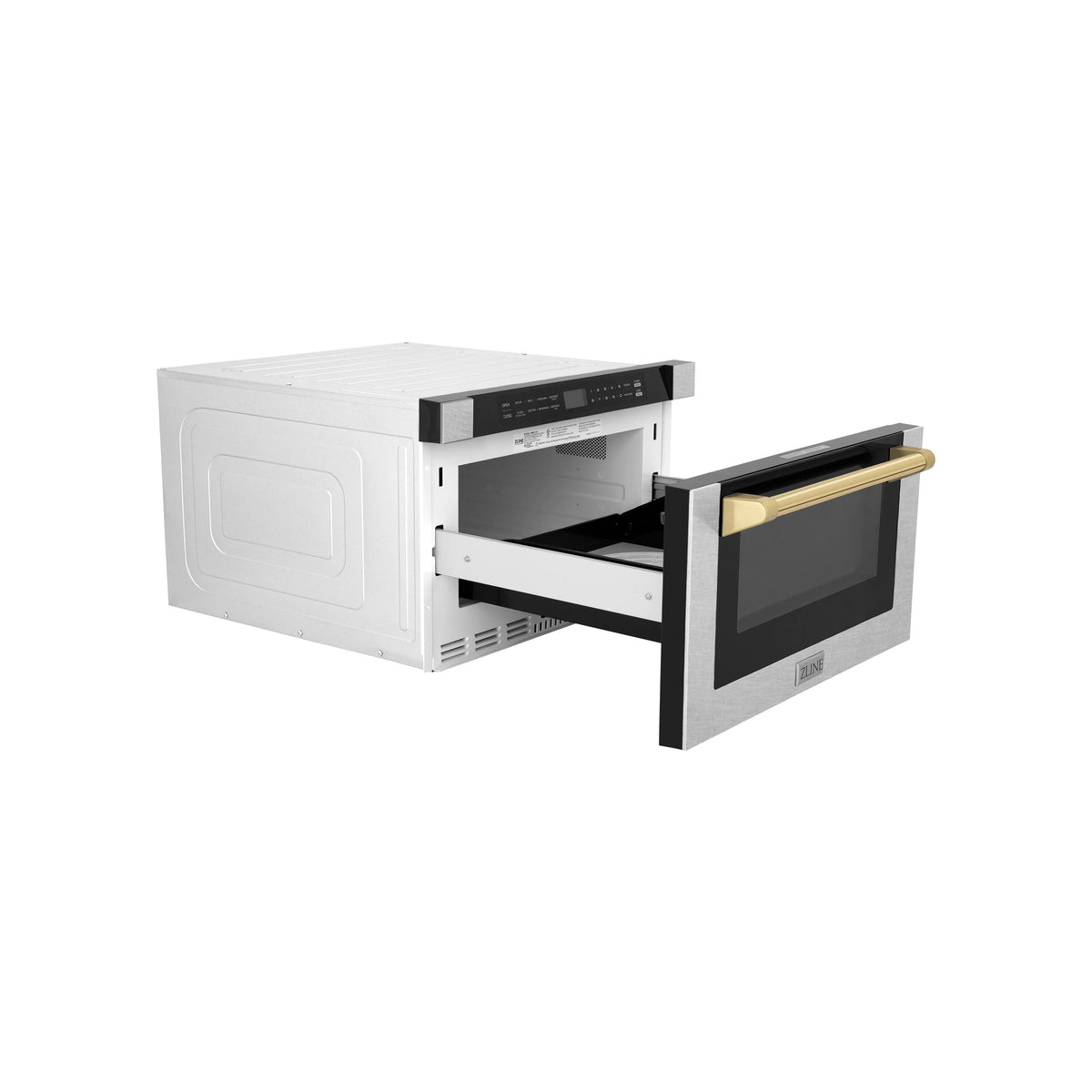Built-in microwave drawer open view with black interior cavity and gold handle