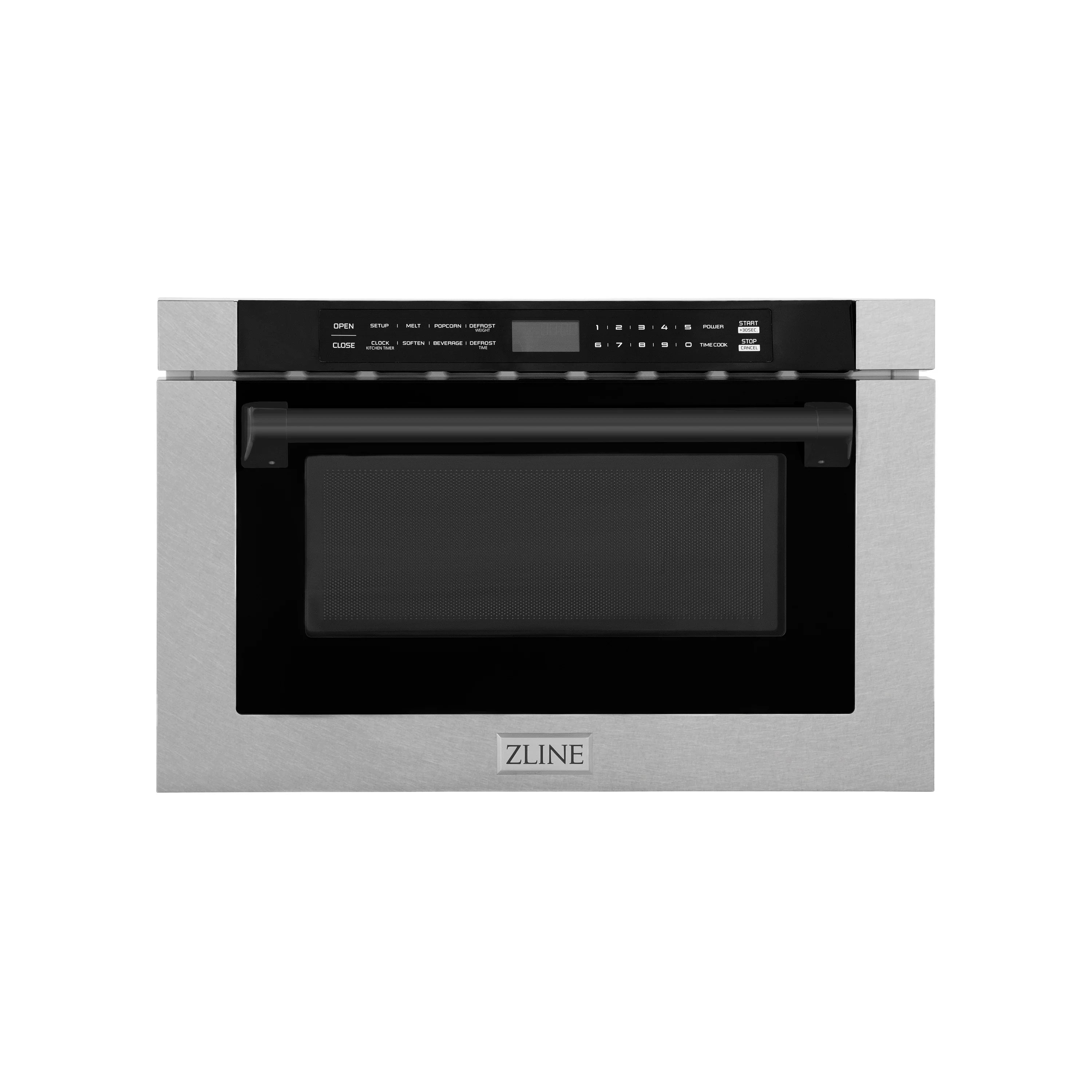Built-in microwave drawer with dark window, stainless body, and black control panel