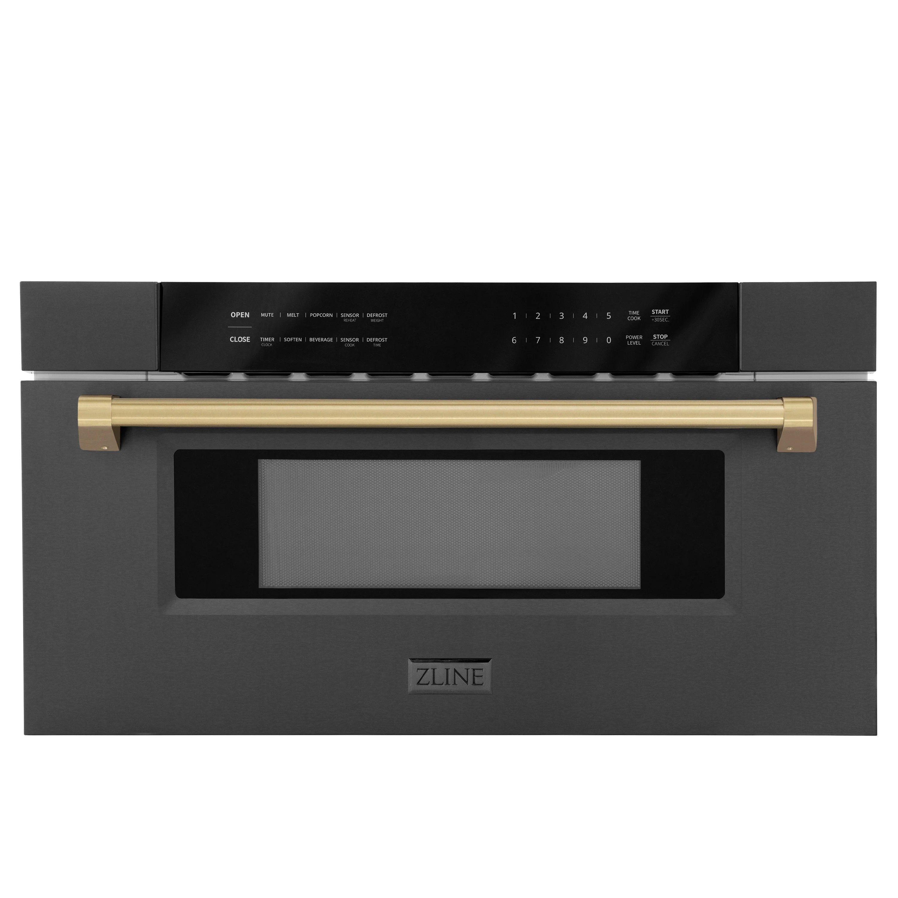 Black stainless microwave drawer with champagne bronze handle accents and control panel