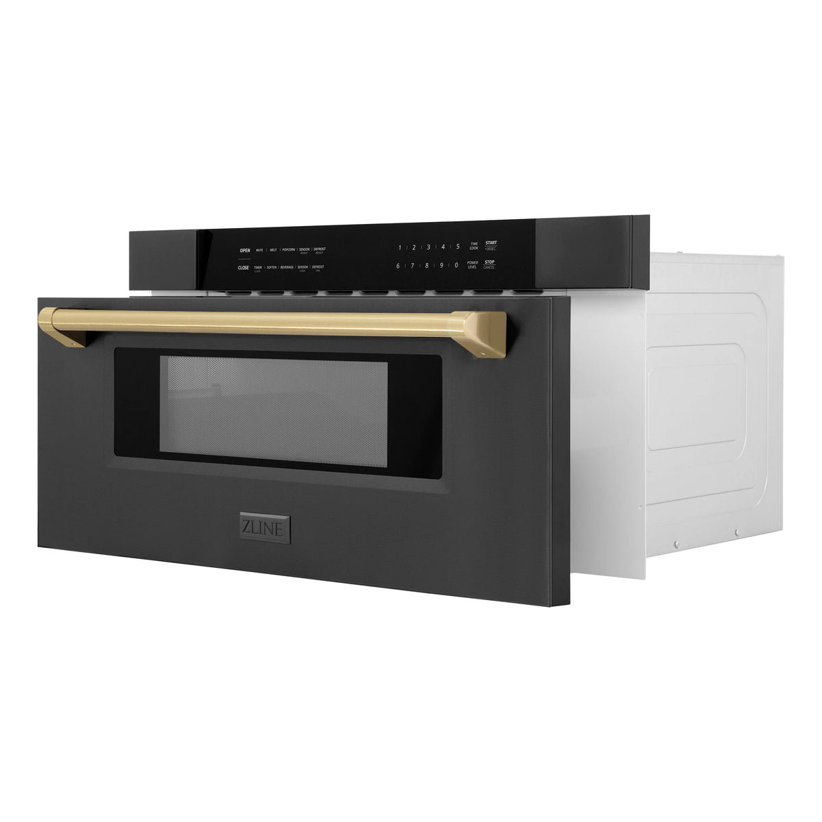 Black stainless microwave drawer with champagne bronze handle and recessed display window