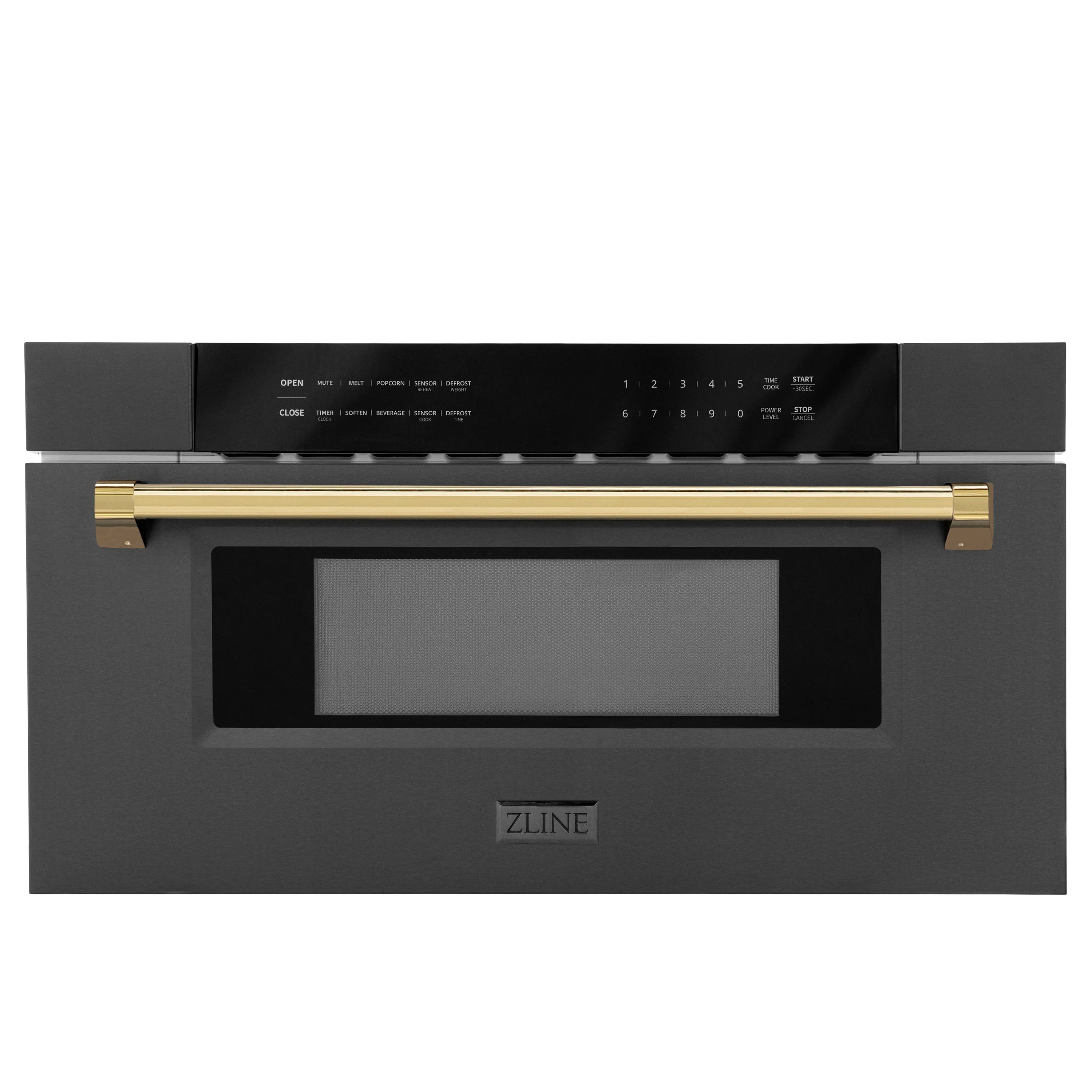 Built-in microwave drawer in black stainless steel with gold-trim handle and keypad