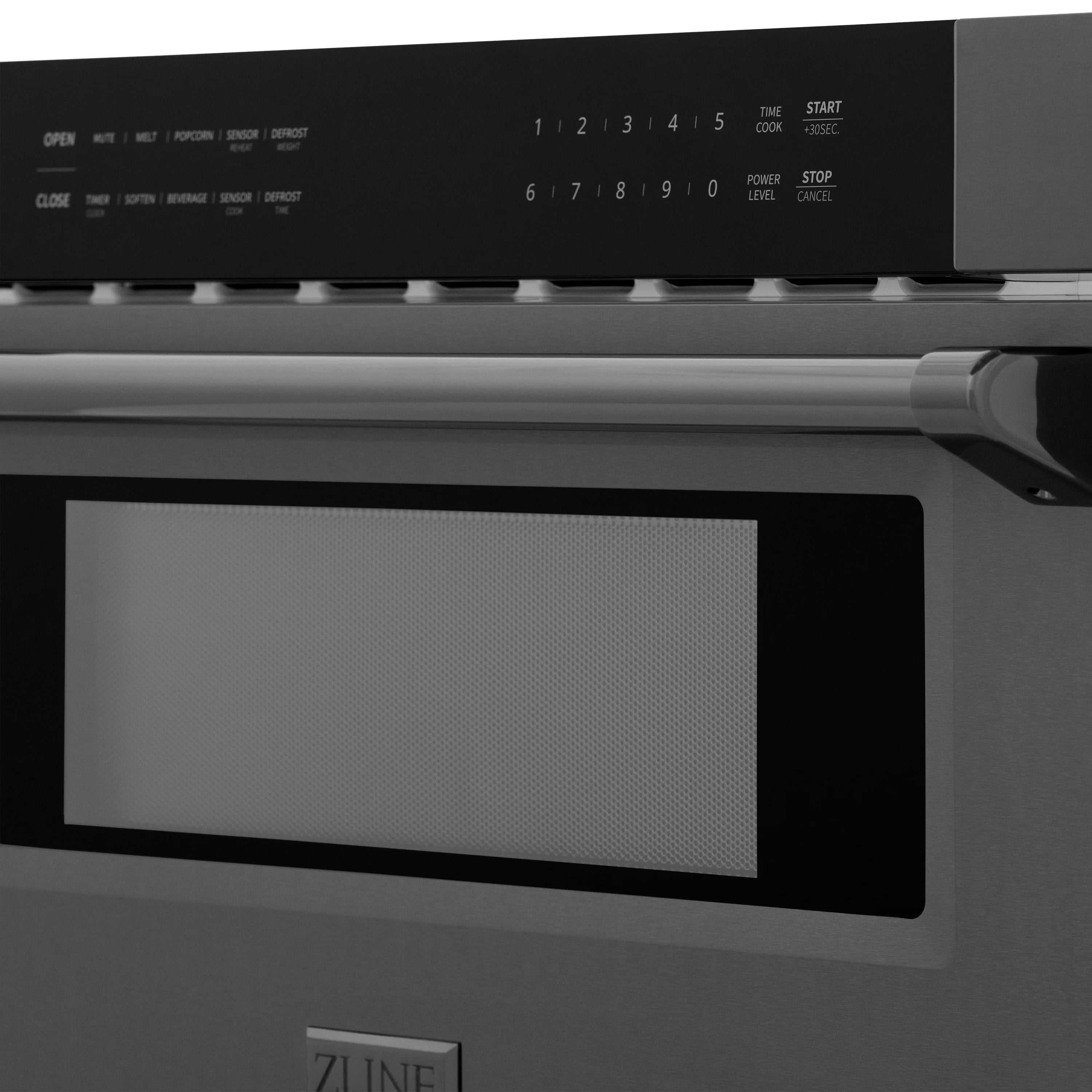 ZLINE microwave drawer close-up of black control panel and interior viewing window