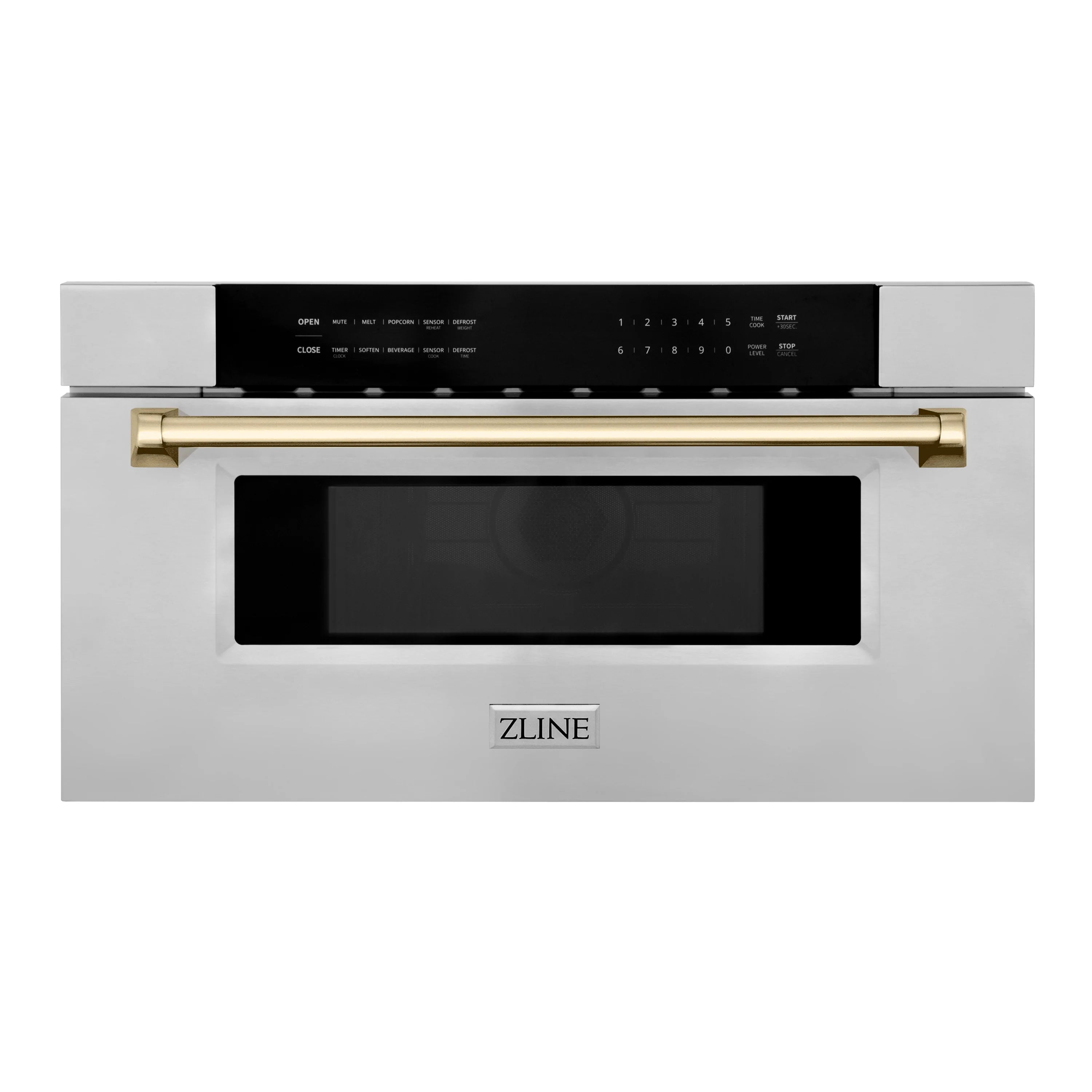 Stainless steel built-in microwave drawer with black window and gold trim bar