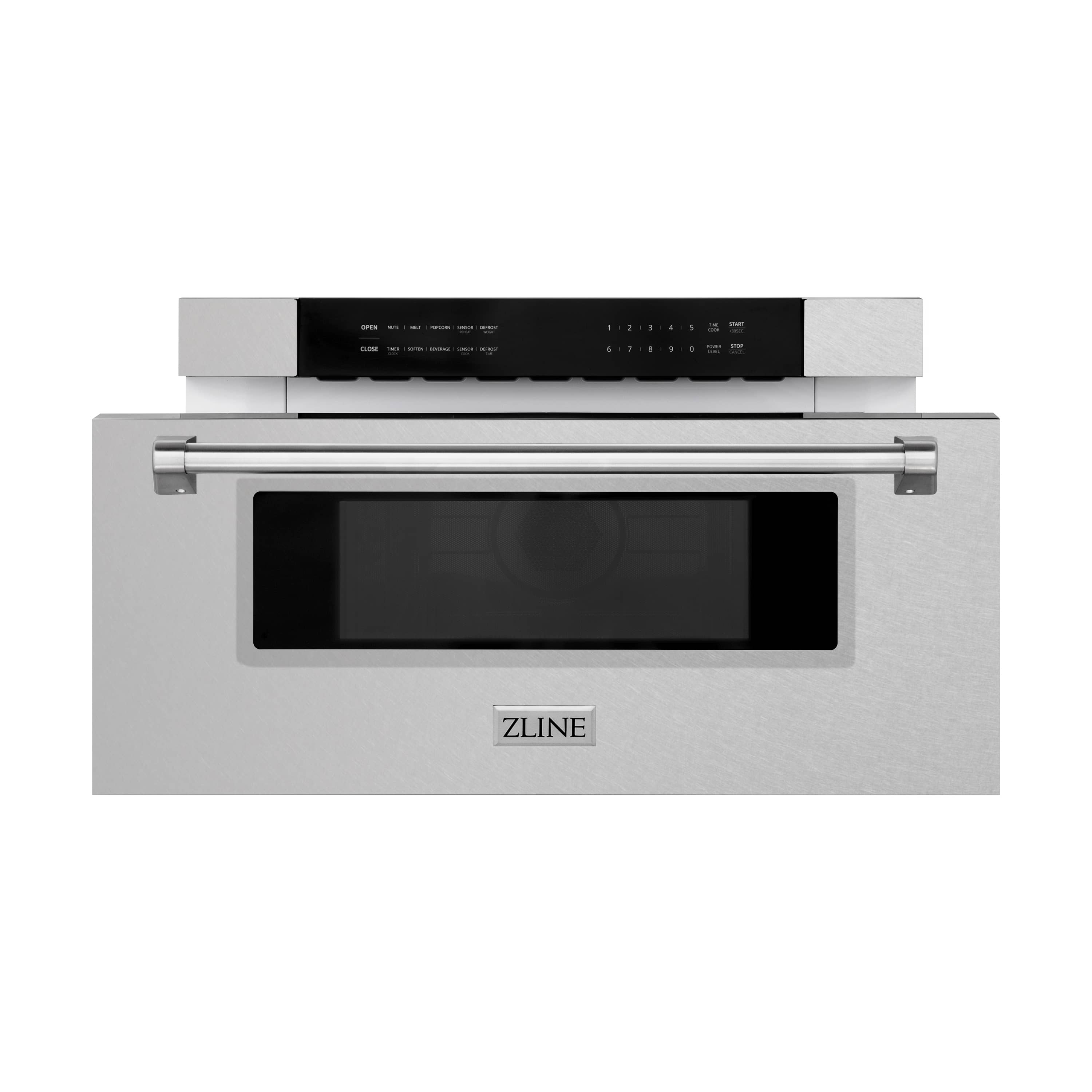 Satin stainless built-in microwave drawer with black control panel and window display