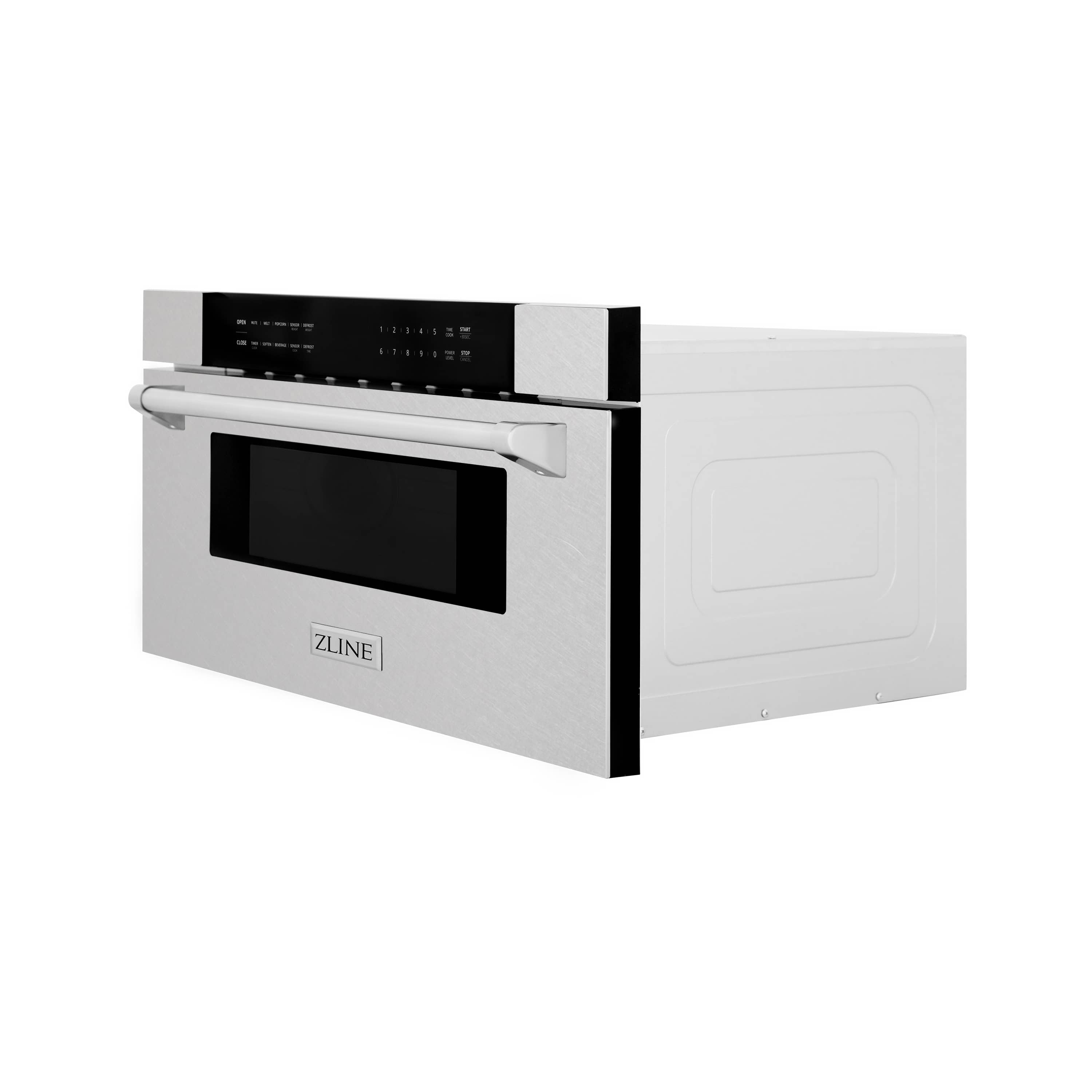 Satin stainless microwave drawer with black fascia and side handle