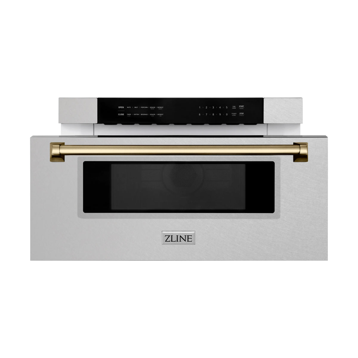Built-in microwave drawer with satin stainless steel door, champagne bronze bar handle, black window