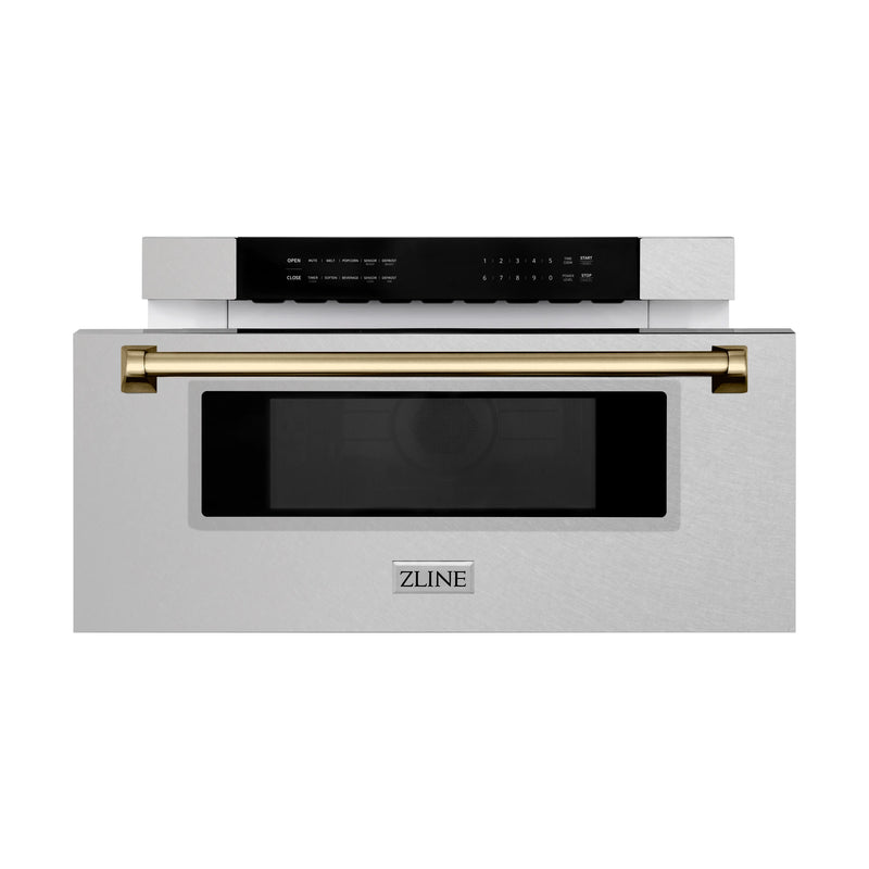 ZLINE Autograph Edition 30-Inch 1.2 cu. ft. Built-In Microwave Drawer in Fingerprint Resistant DuraSnow Stainless Steel with Champagne Bronze Accents (MWDZ-30-SS-CB)