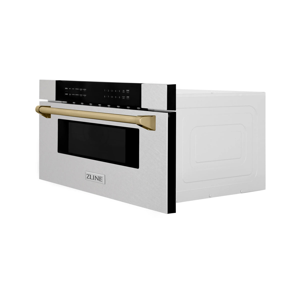 Built-in microwave drawer, satin stainless steel with champagne bronze handle and control panel